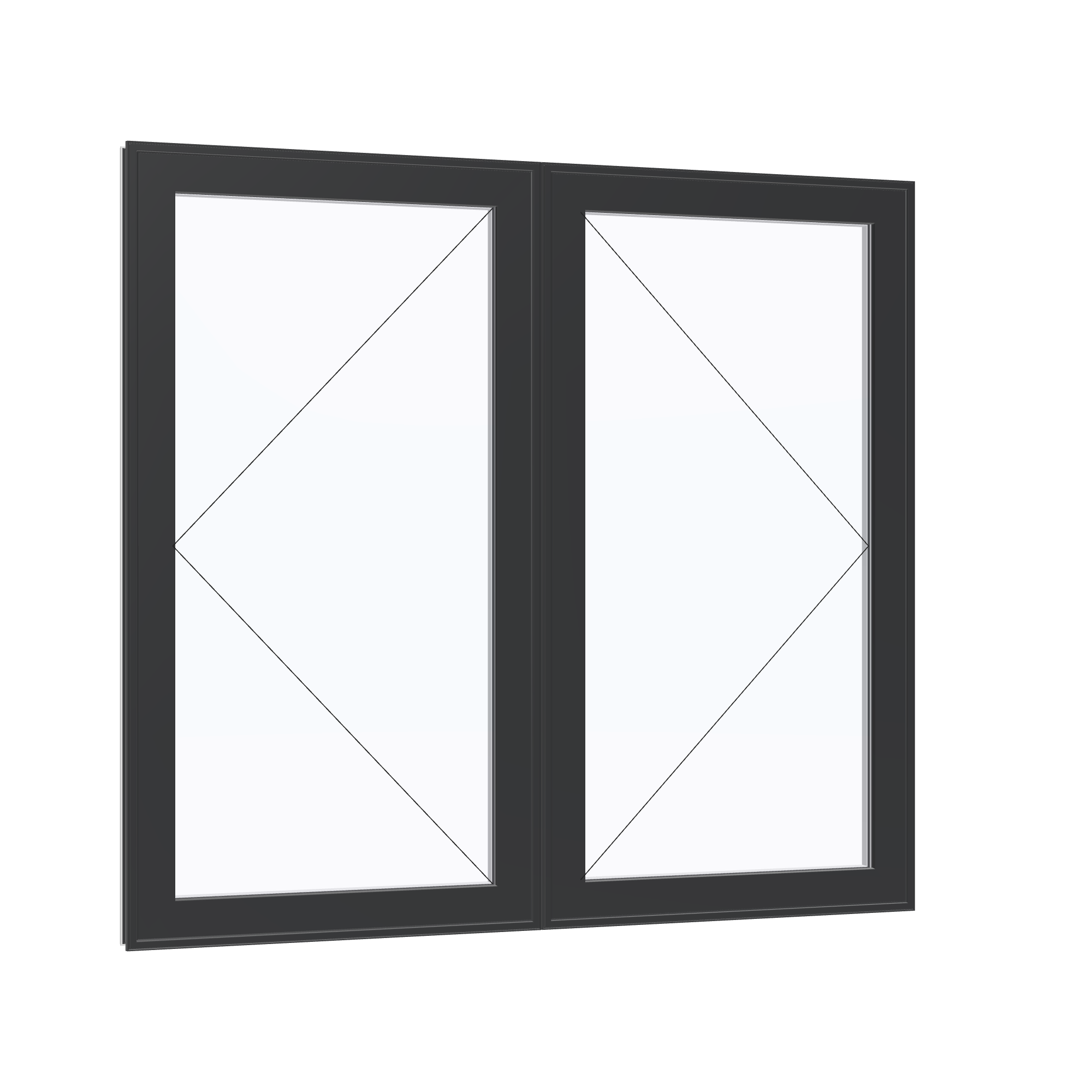 Opposite exterior angle of the 56 × 52 inch double casement combination, black exterior / white interior, without nailing flange