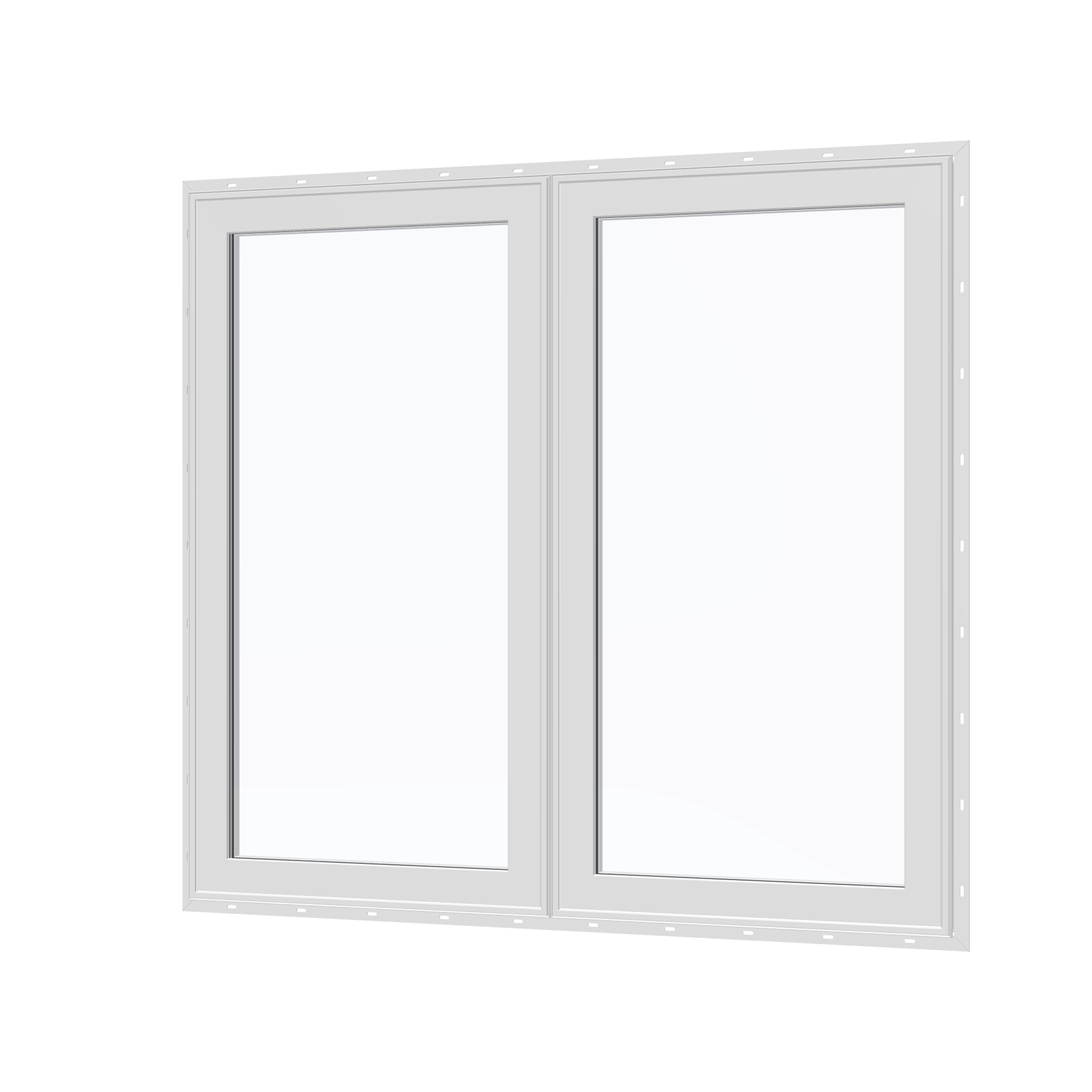 Angled exterior view of the 56 × 52 inch double casement combination, white exterior / white interior, with nailing flange