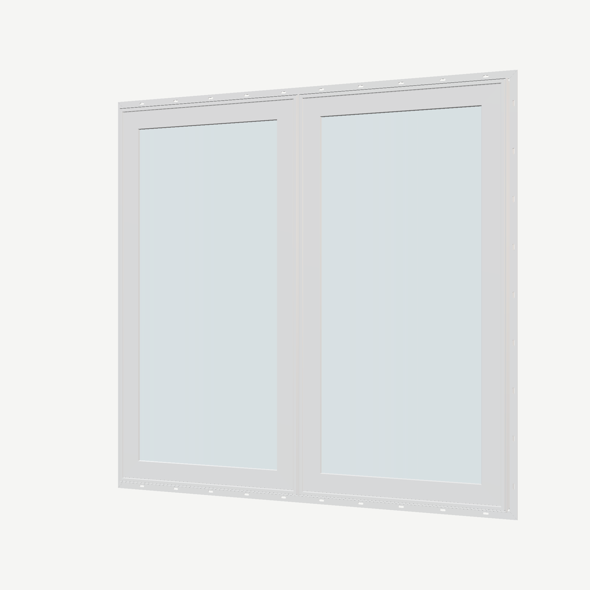 Angled exterior view of the 56 × 52 inch double casement combination, white exterior / white interior, with nailing flange