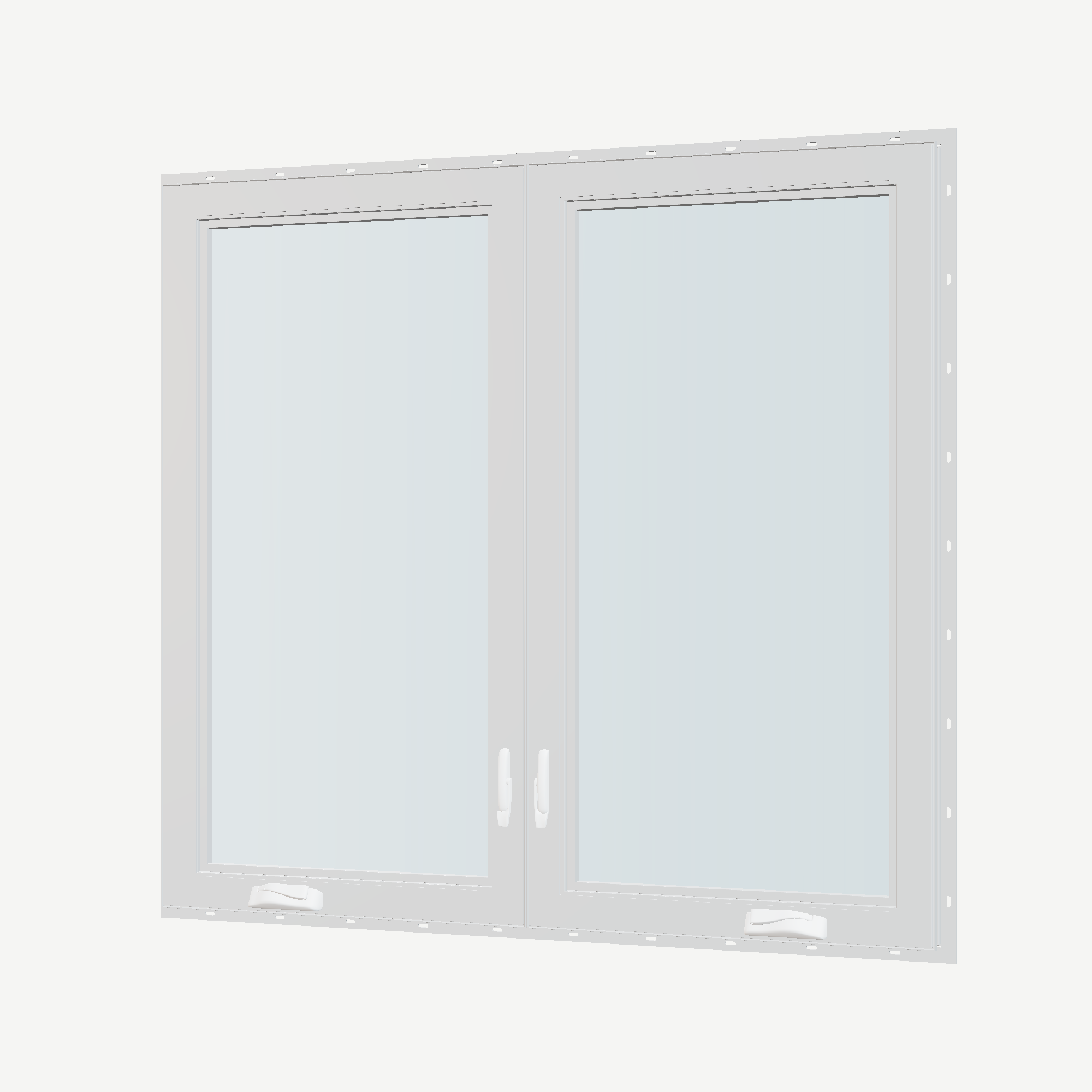 Angled interior view of the 56 × 52 inch double casement combination, white exterior / white interior, with nailing flange