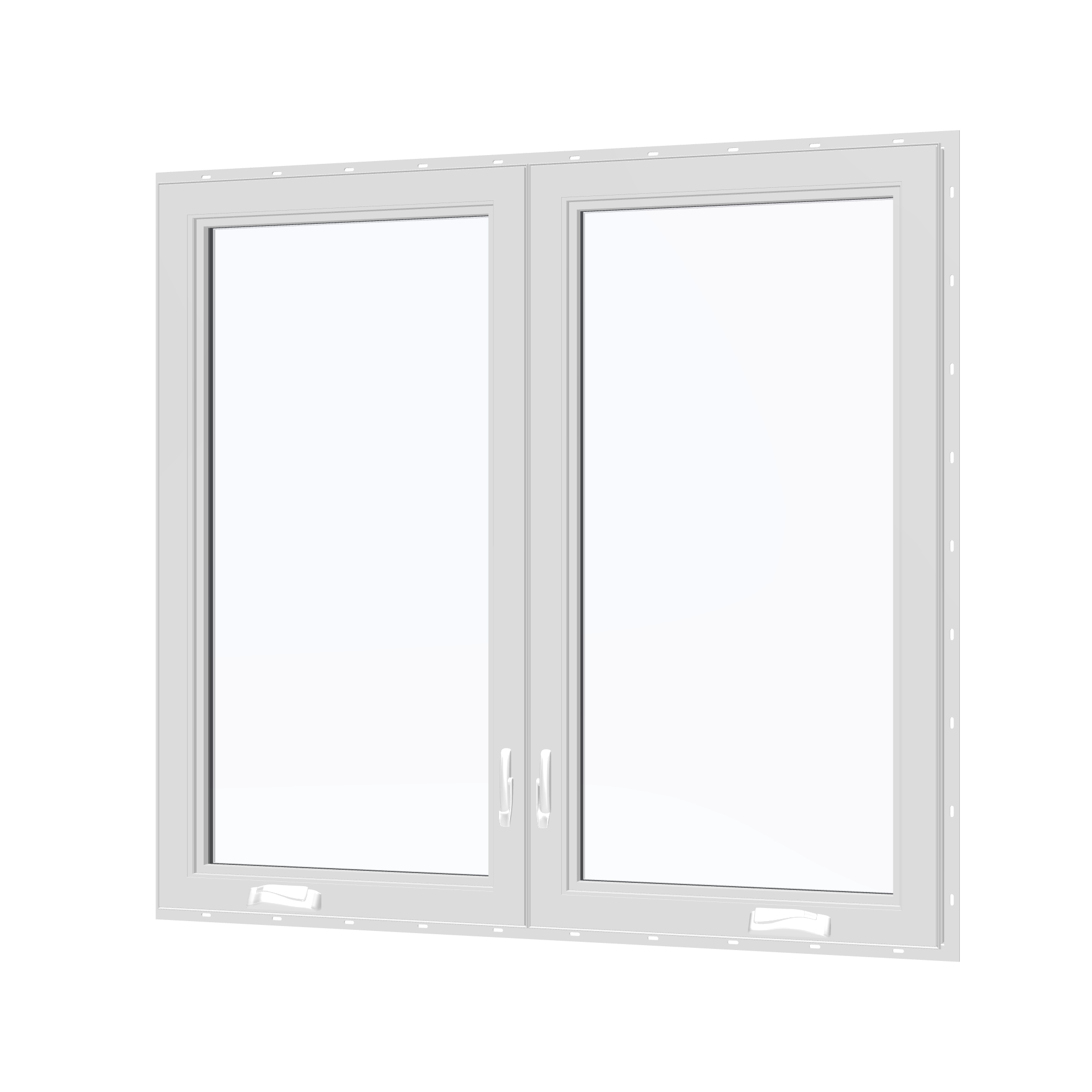 Angled interior view of the 56 × 52 inch double casement combination, white exterior / white interior, with nailing flange