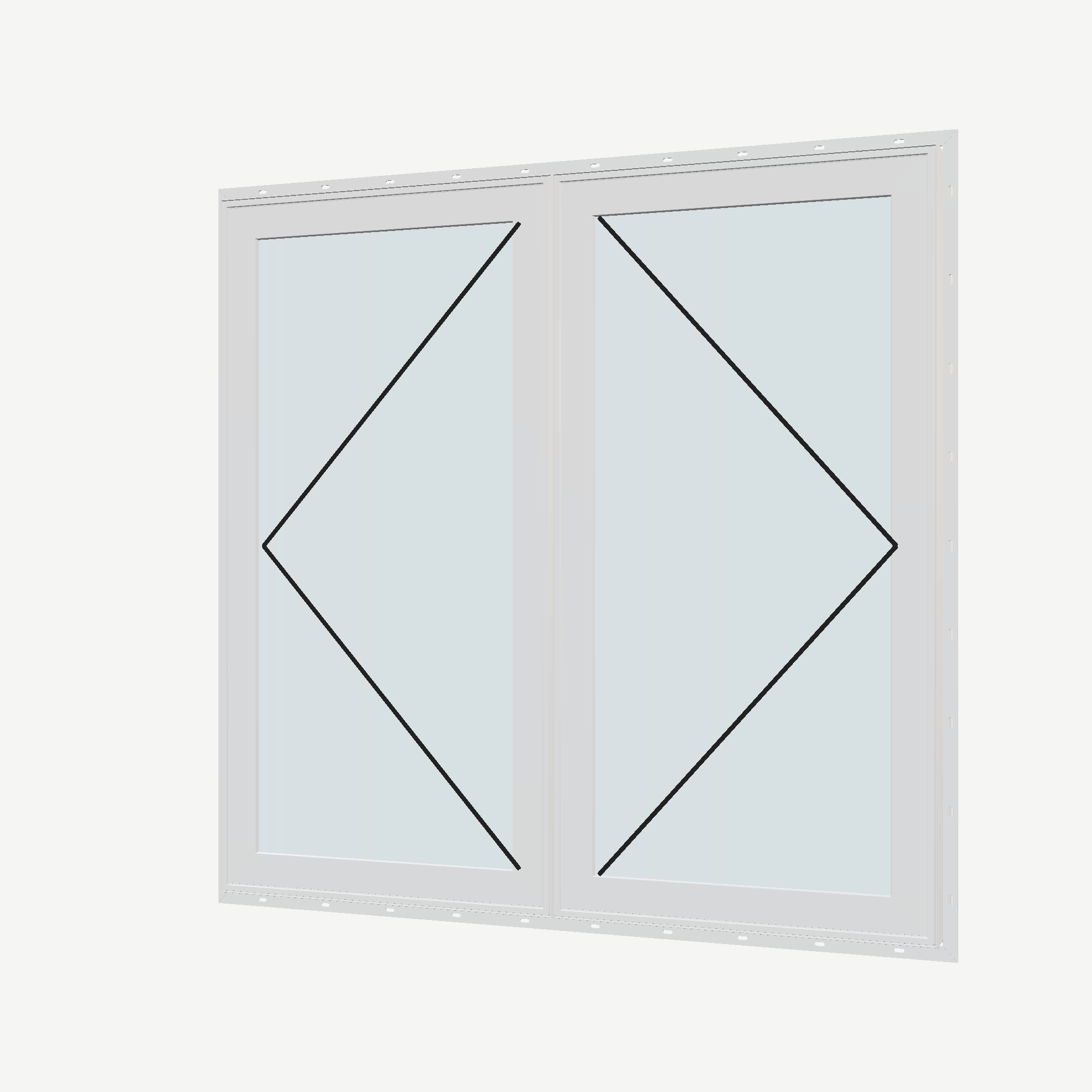 Angled exterior view with opening symbols of the 56 × 52 inch double casement combination, white exterior / white interior, with nailing flange