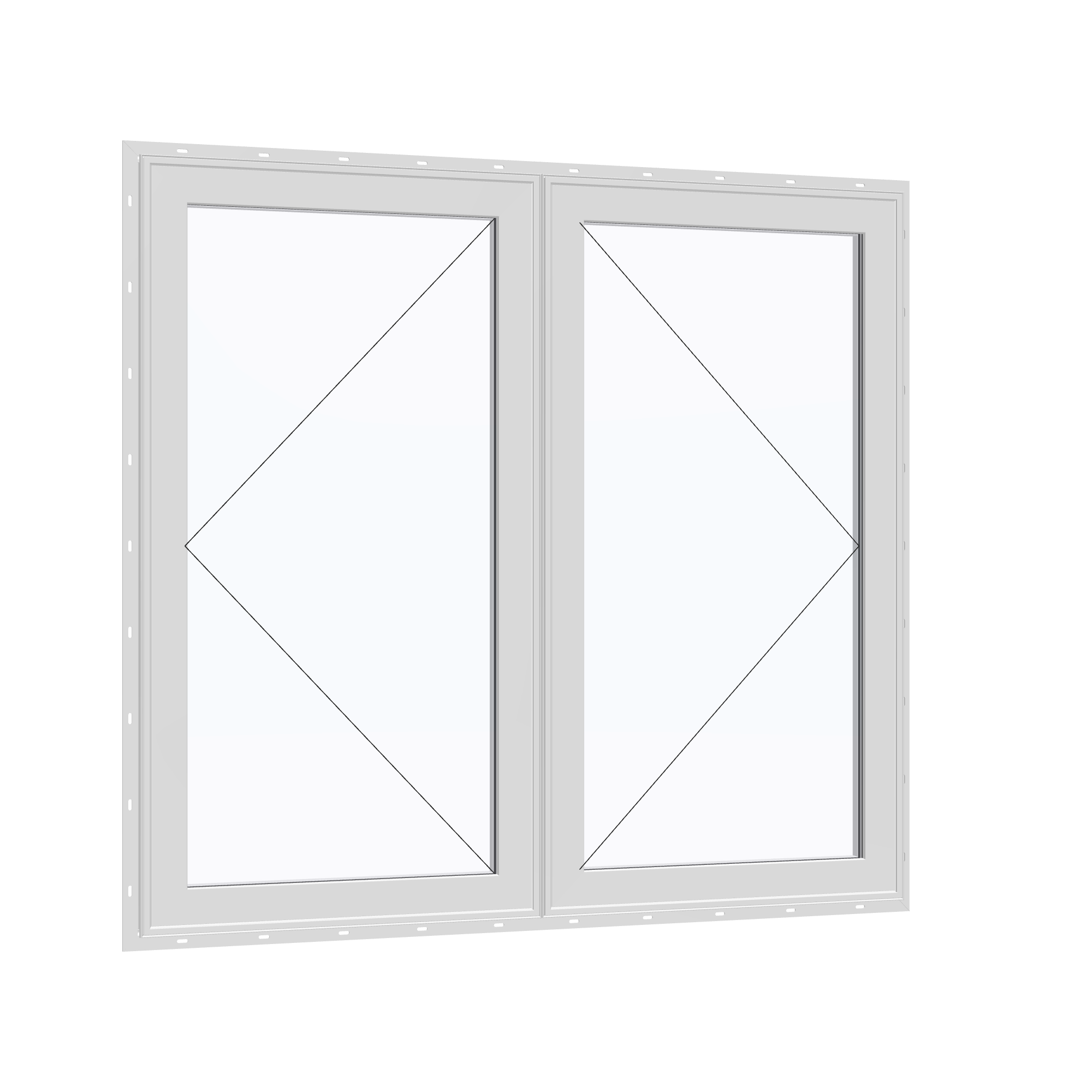 Opposite exterior angle of the 56 × 52 inch double casement combination, white exterior / white interior, with nailing flange