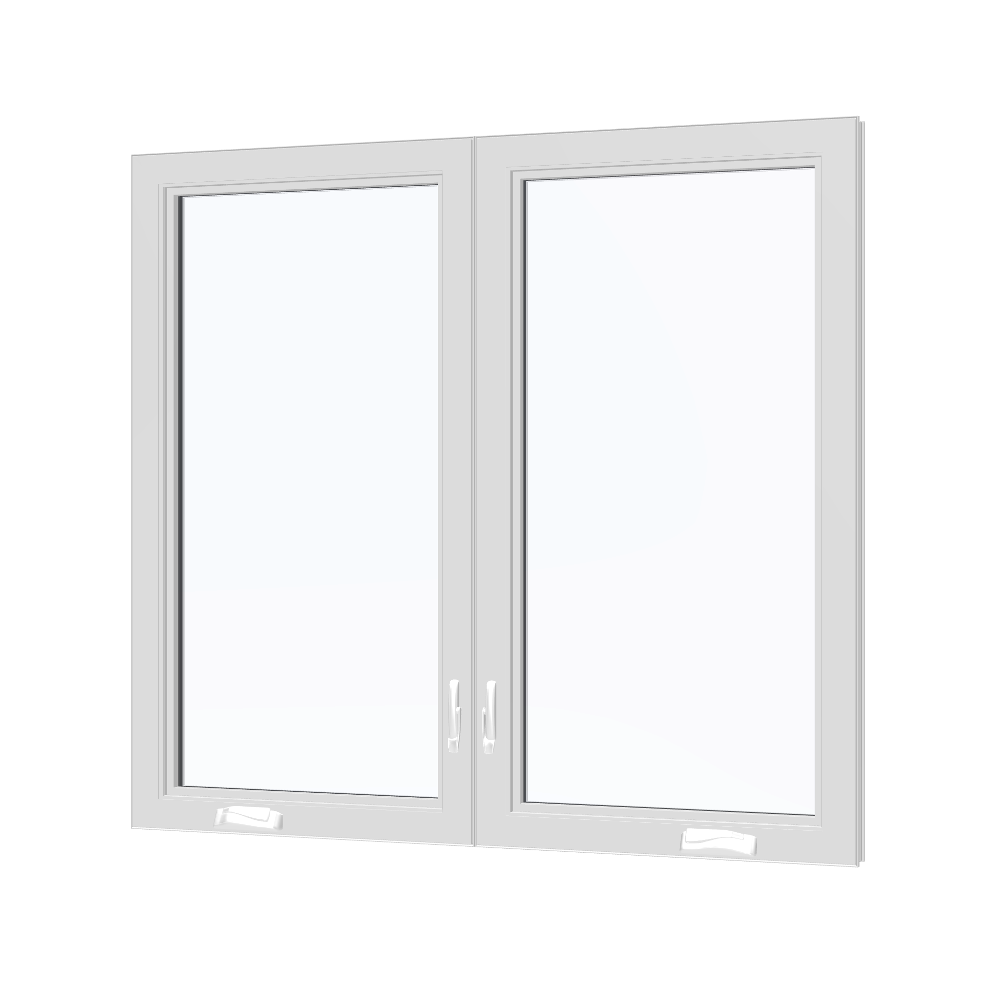 Angled interior view of the 56 × 52 inch double casement combination, white exterior / white interior, without nailing flange