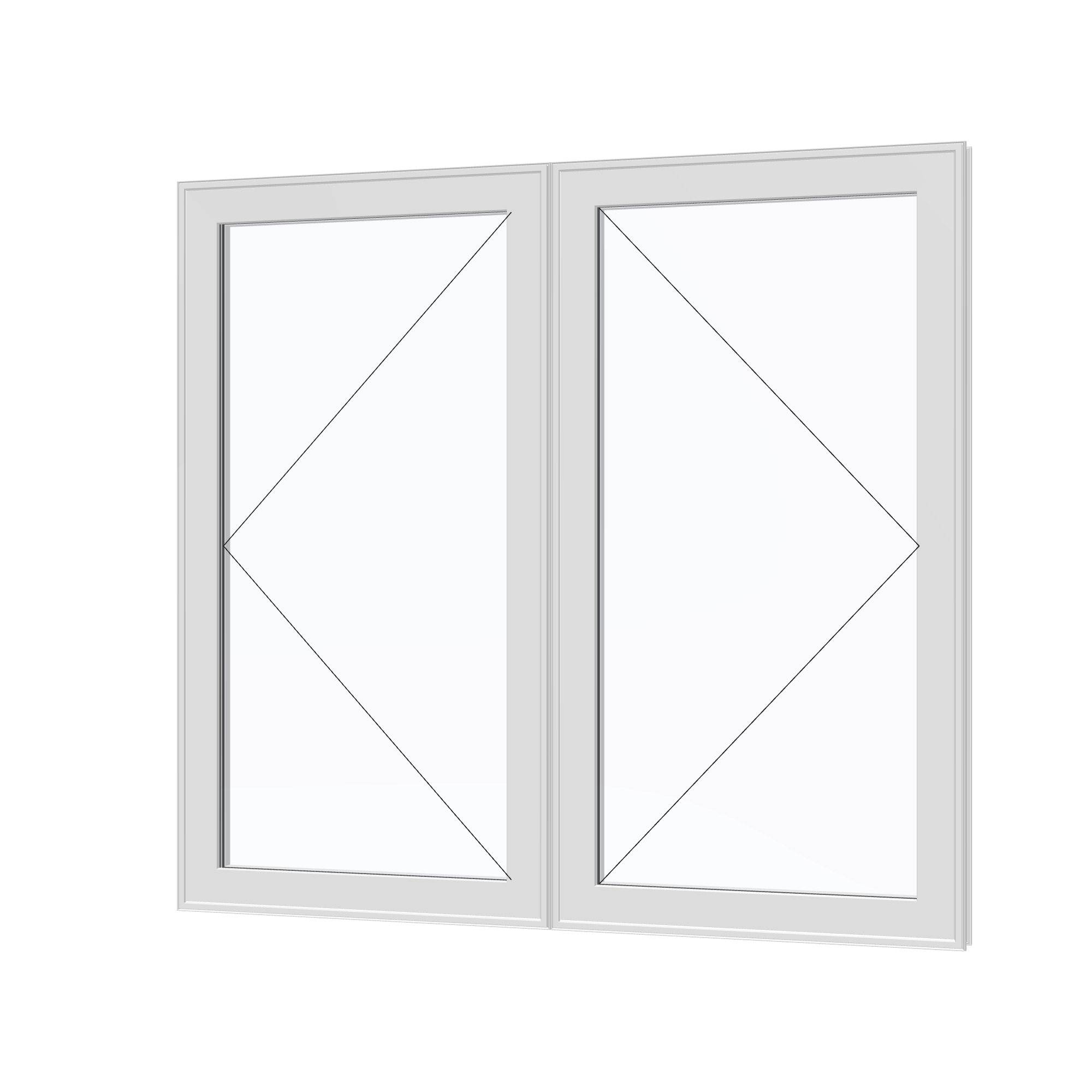 Angled exterior view with opening symbols of the 56 × 52 inch double casement combination, white exterior / white interior, without nailing flange