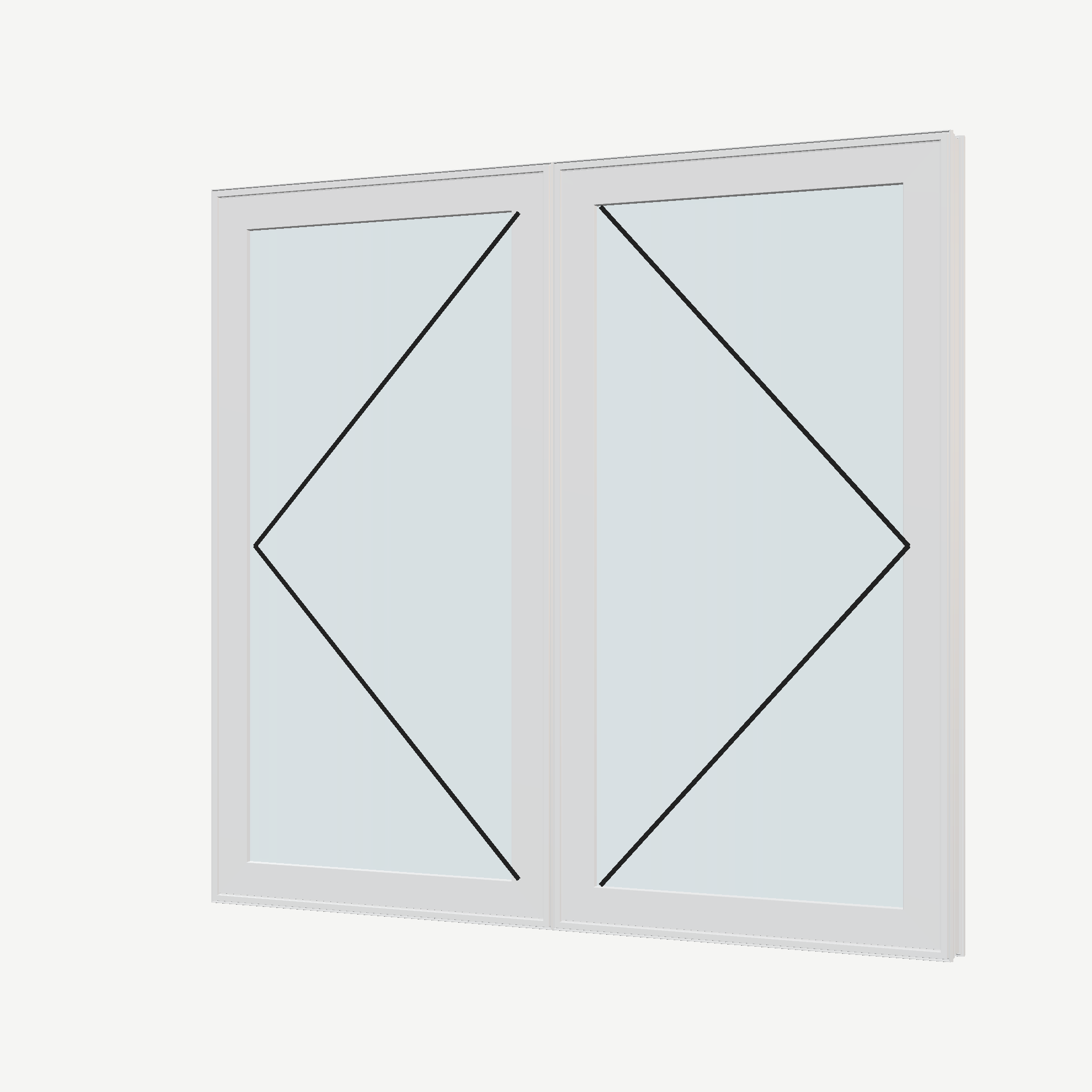 Angled exterior view with opening symbols of the 56 × 52 inch double casement combination, white exterior / white interior, without nailing flange