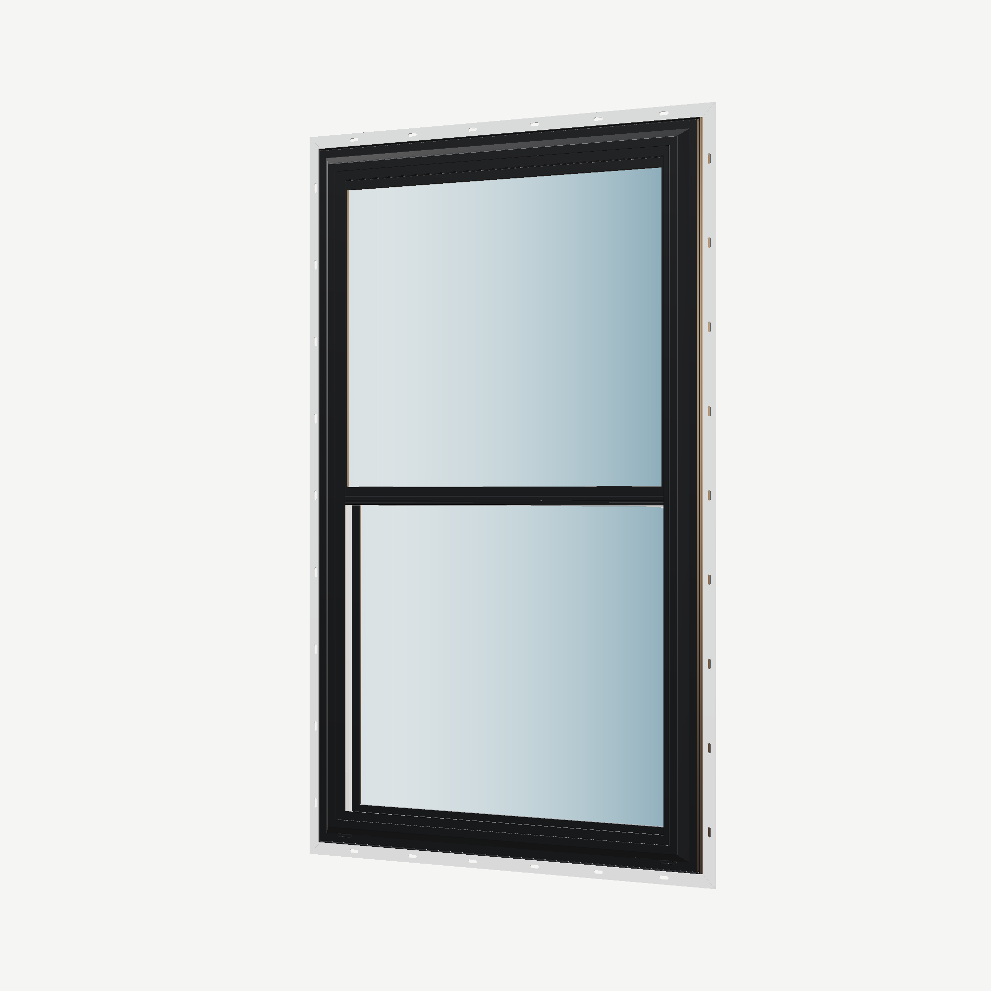 Angled exterior view of the 32 × 54 inch double hung, black exterior / white interior, with nailing flange