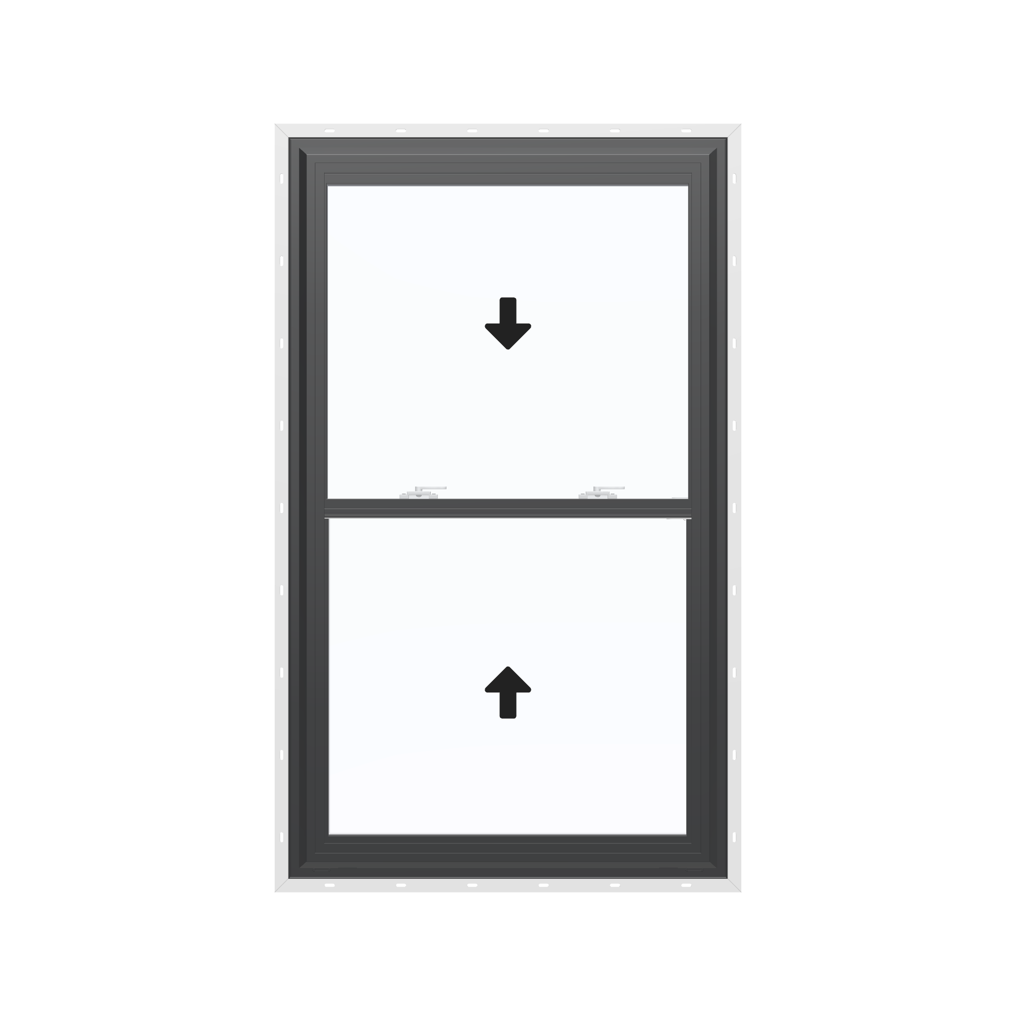 Straight exterior view of the 32 × 54 inch double hung, black exterior / white interior, with nailing flange
