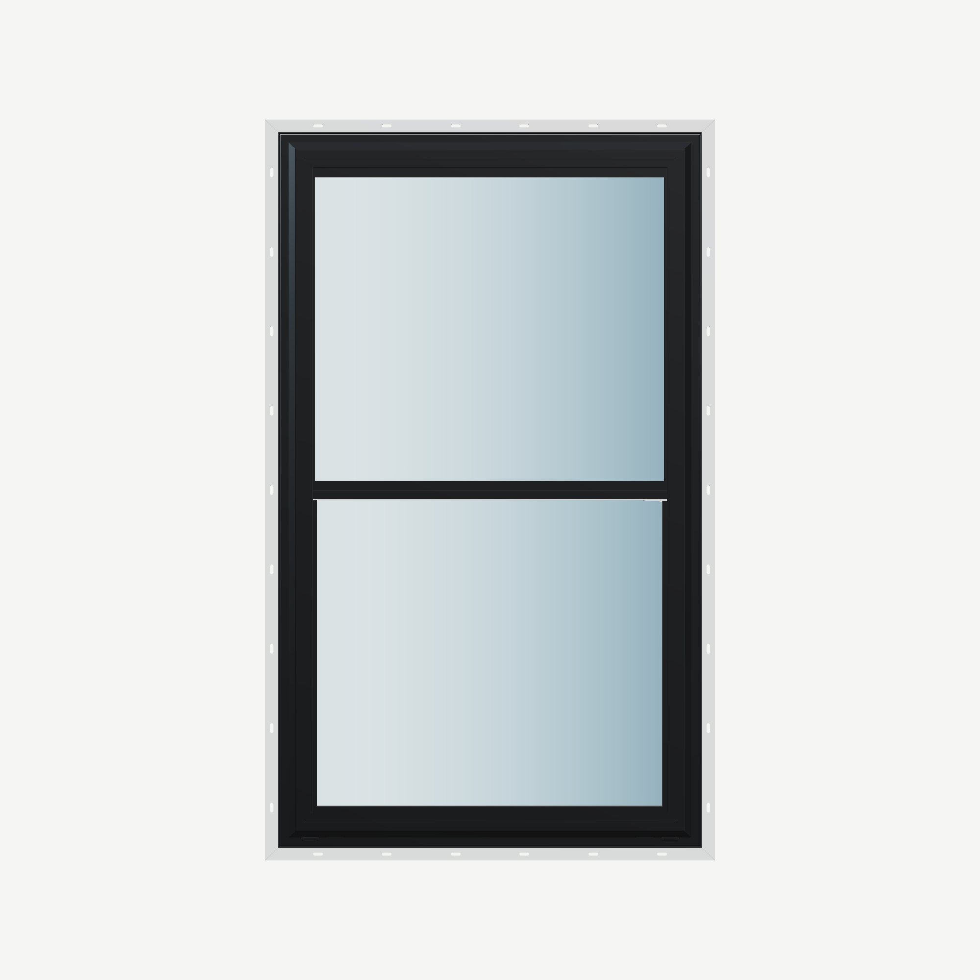 Straight exterior view of the 32 × 54 inch double hung, black exterior / white interior, with nailing flange