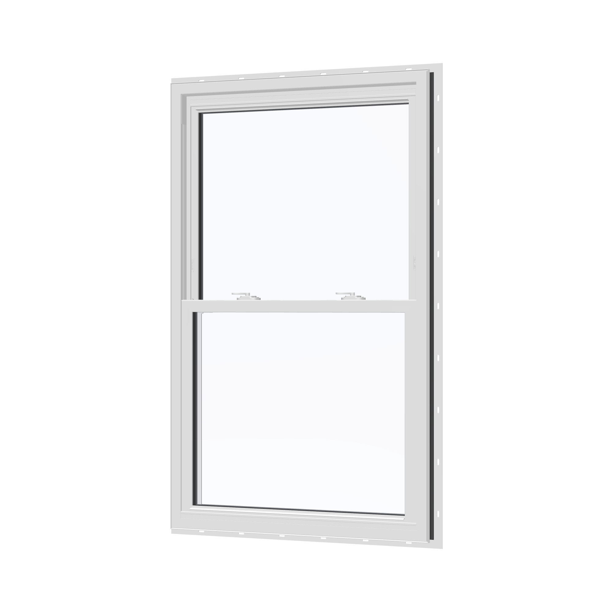 Angled interior view of the 32 × 54 inch double hung, black exterior / white interior, with nailing flange