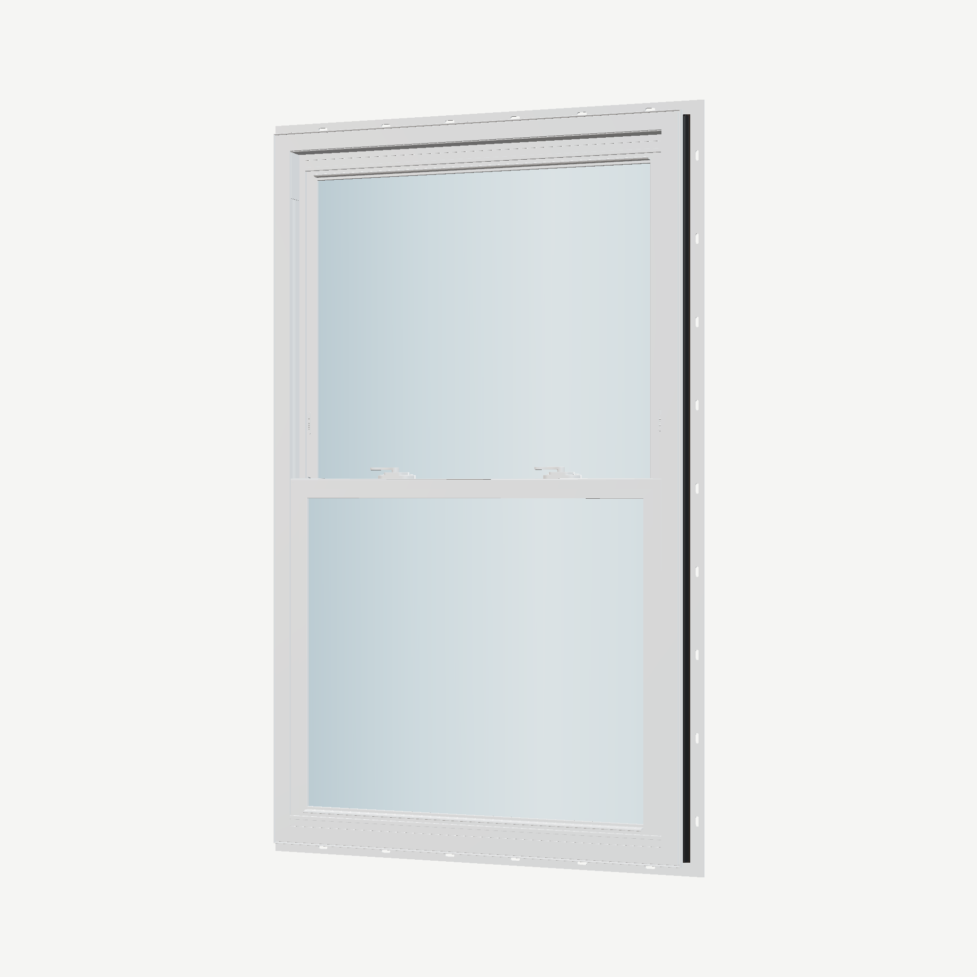 Angled interior view of the 32 × 54 inch double hung, black exterior / white interior, with nailing flange