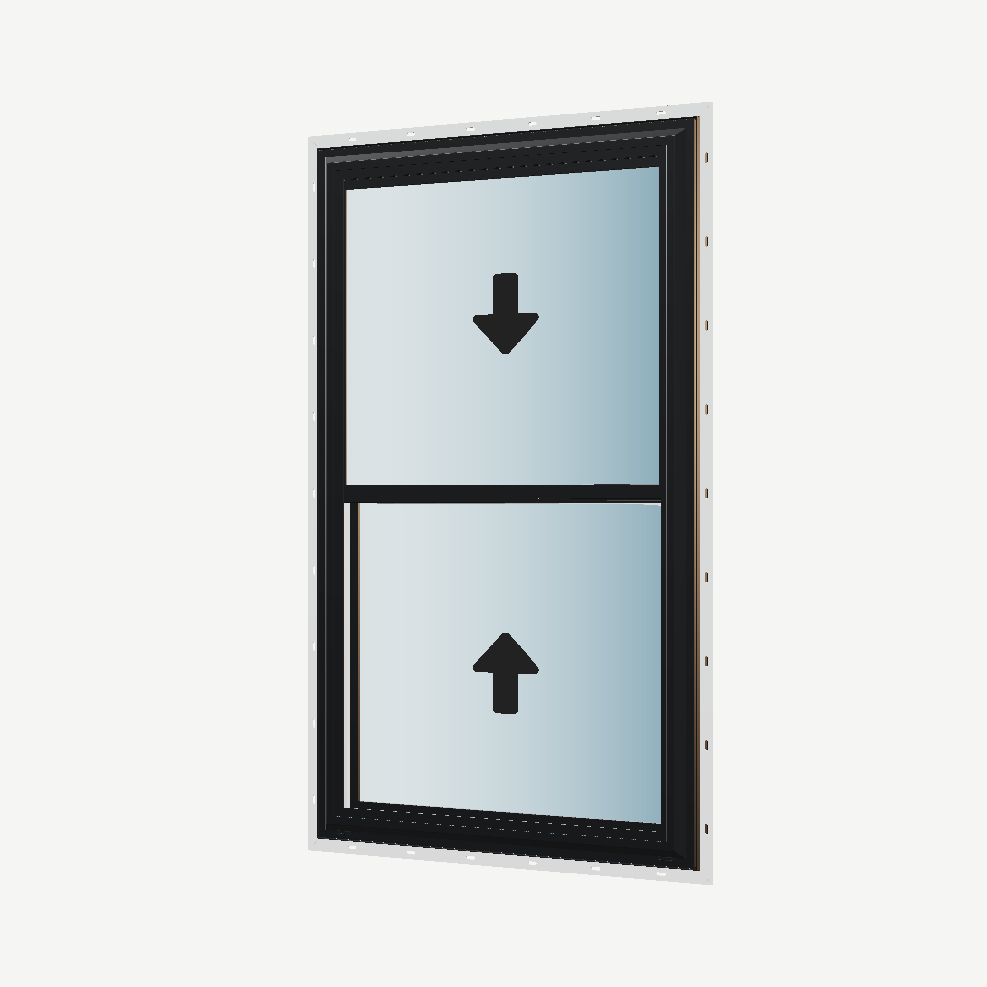 Angled exterior view with opening symbols of the 32 × 54 inch double hung, black exterior / white interior, with nailing flange