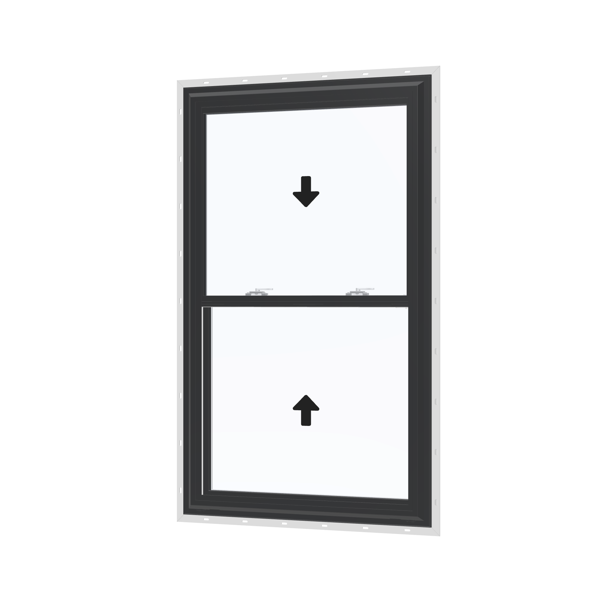 Angled exterior view with opening symbols of the 32 × 54 inch double hung, black exterior / white interior, with nailing flange