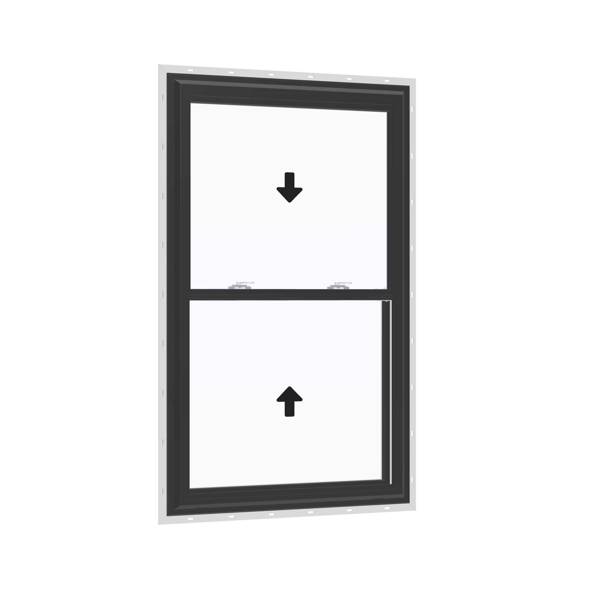 Opposite exterior angle of the 32 × 54 inch double hung, black exterior / white interior, with nailing flange