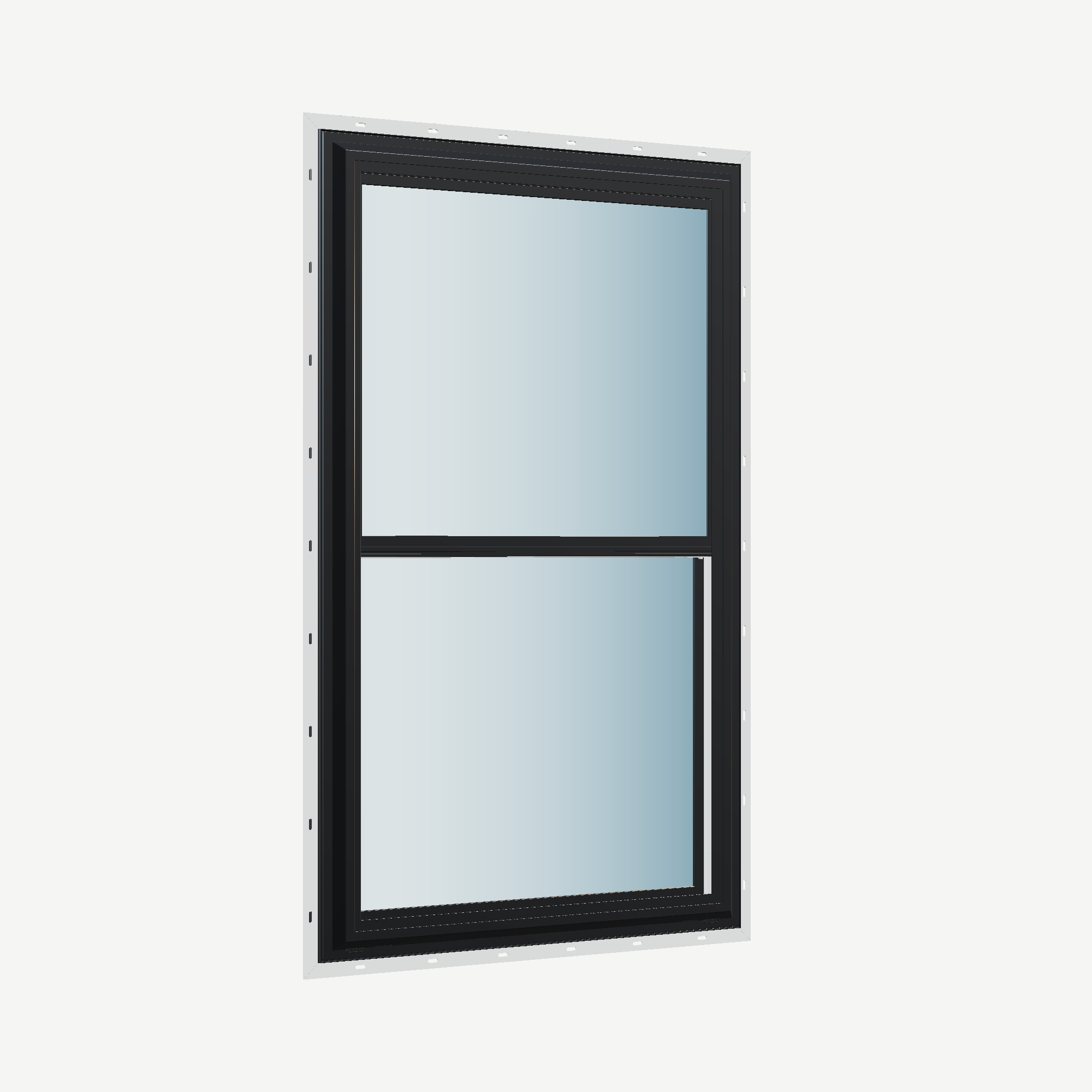 Opposite exterior angle of the 32 × 54 inch double hung, black exterior / white interior, with nailing flange