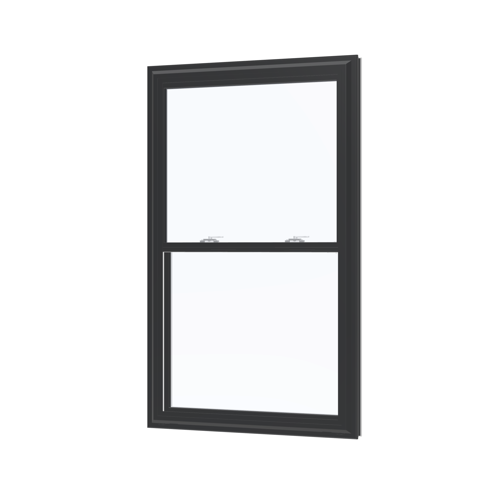Angled exterior view of the 32 × 54 inch double hung, black exterior / white interior, without nailing flange