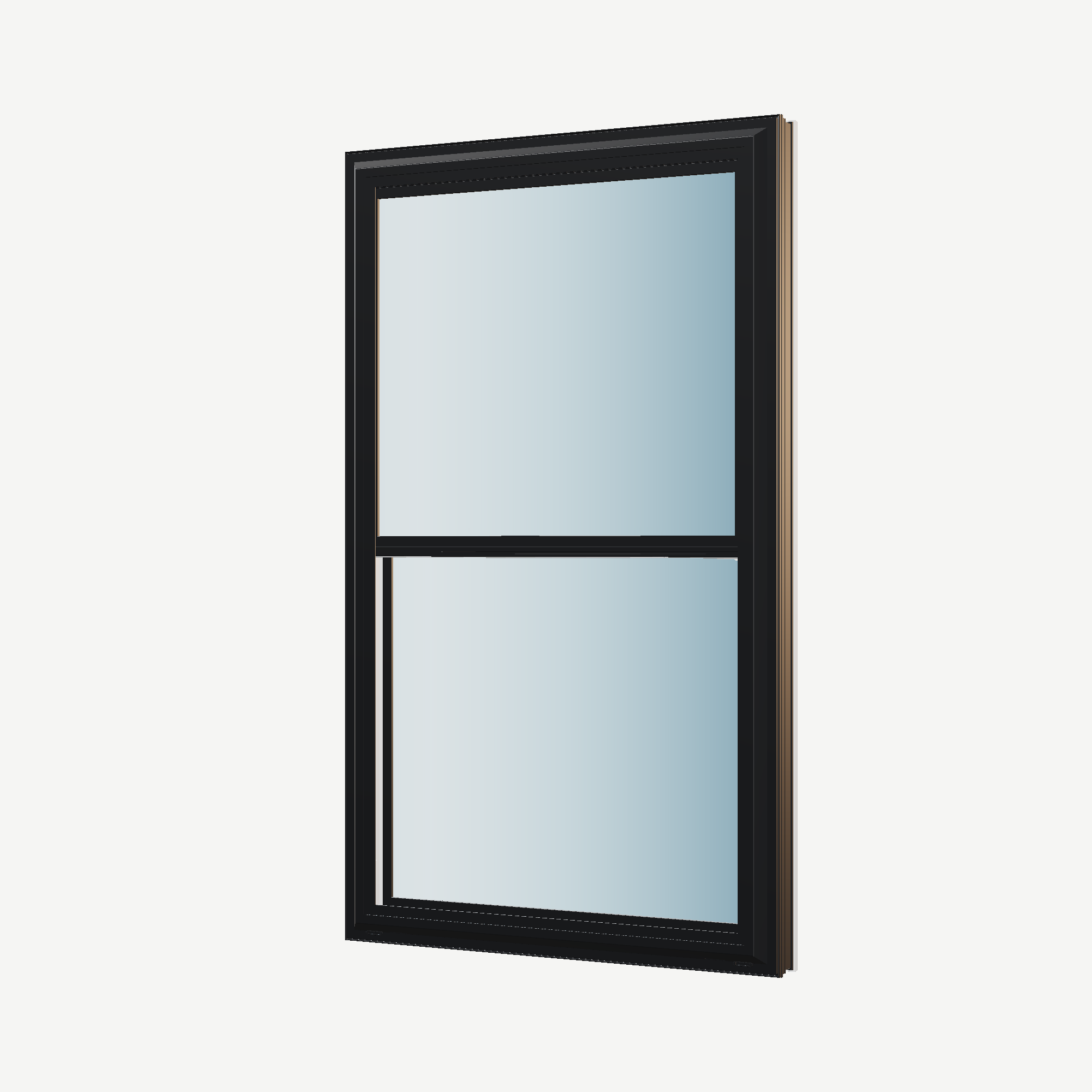 Angled exterior view of the 32 × 54 inch double hung, black exterior / white interior, without nailing flange