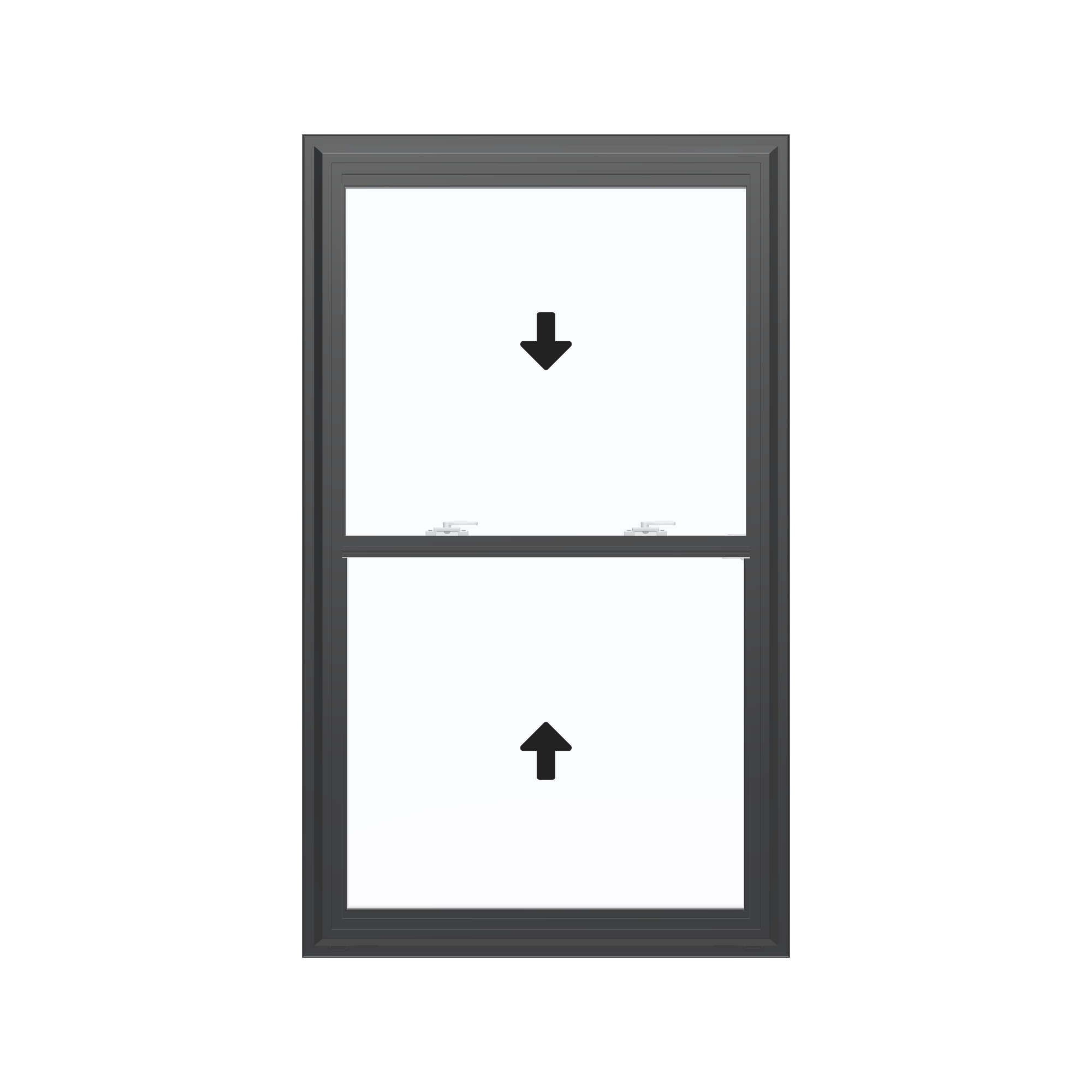 Straight exterior view of the 32 × 54 inch double hung, black exterior / white interior, without nailing flange