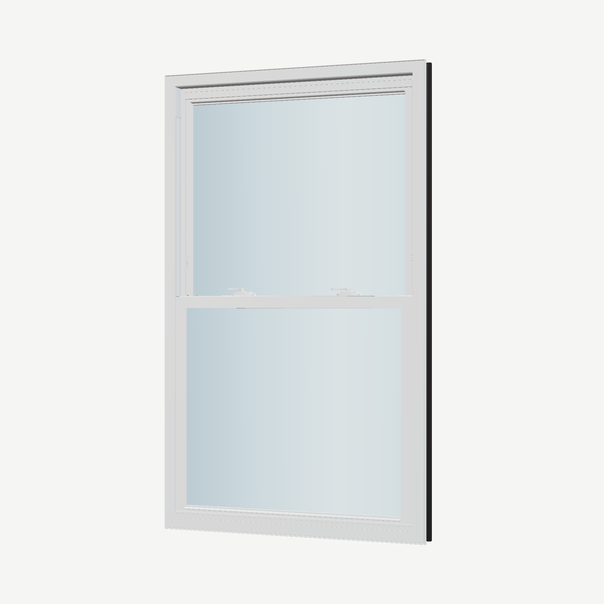 Angled interior view of the 32 × 54 inch double hung, black exterior / white interior, without nailing flange