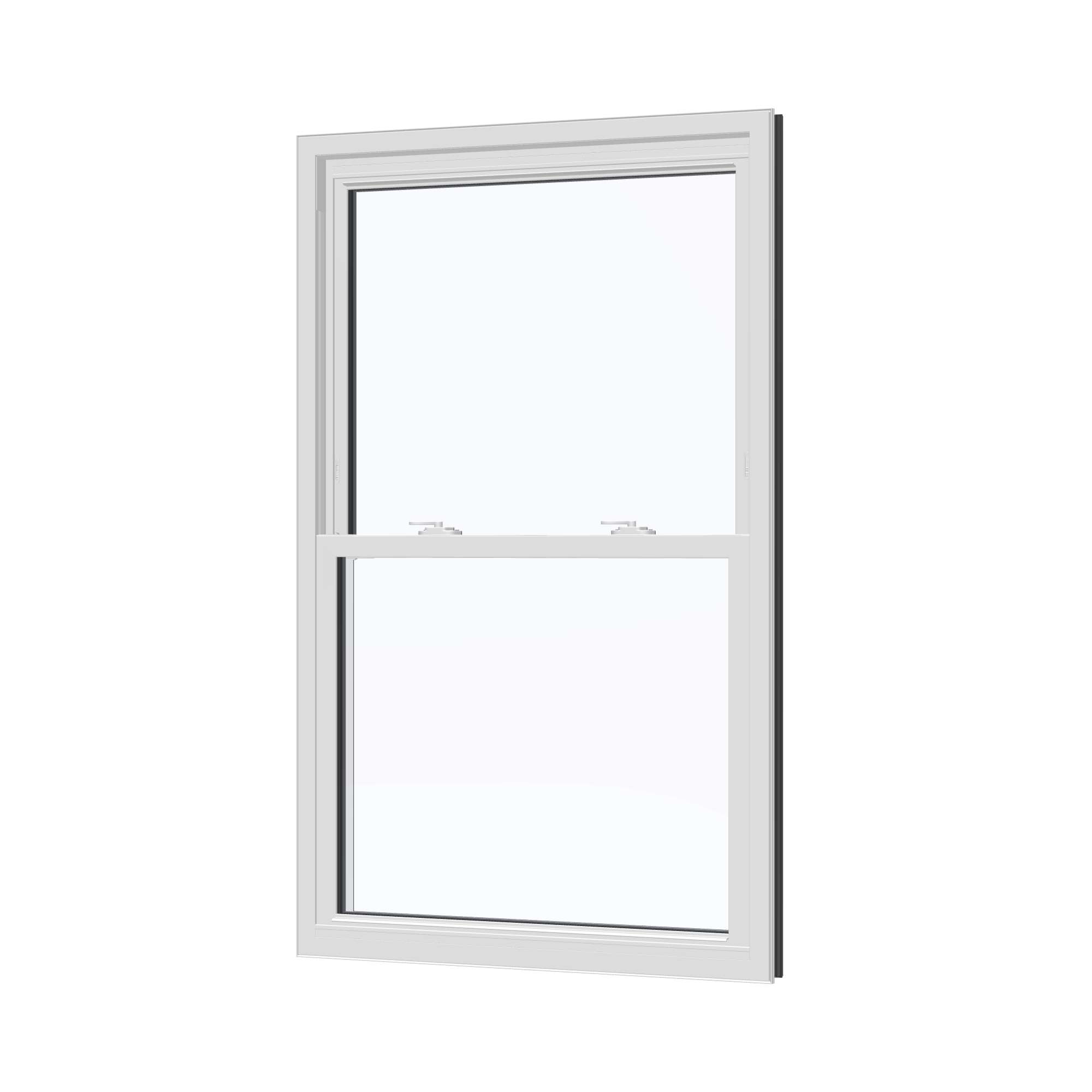 Angled interior view of the 32 × 54 inch double hung, black exterior / white interior, without nailing flange