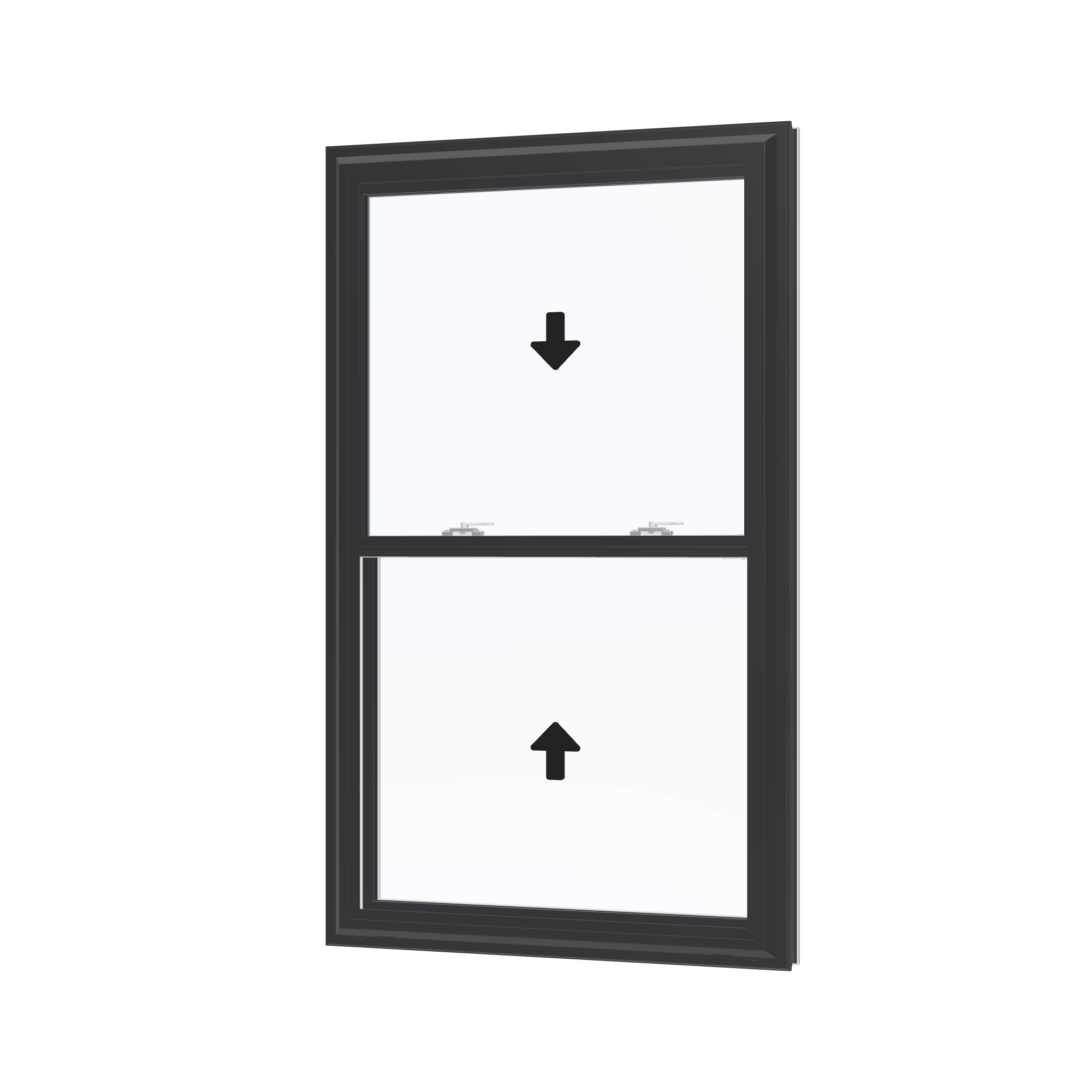 Angled exterior view with opening symbols of the 32 × 54 inch double hung, black exterior / white interior, without nailing flange