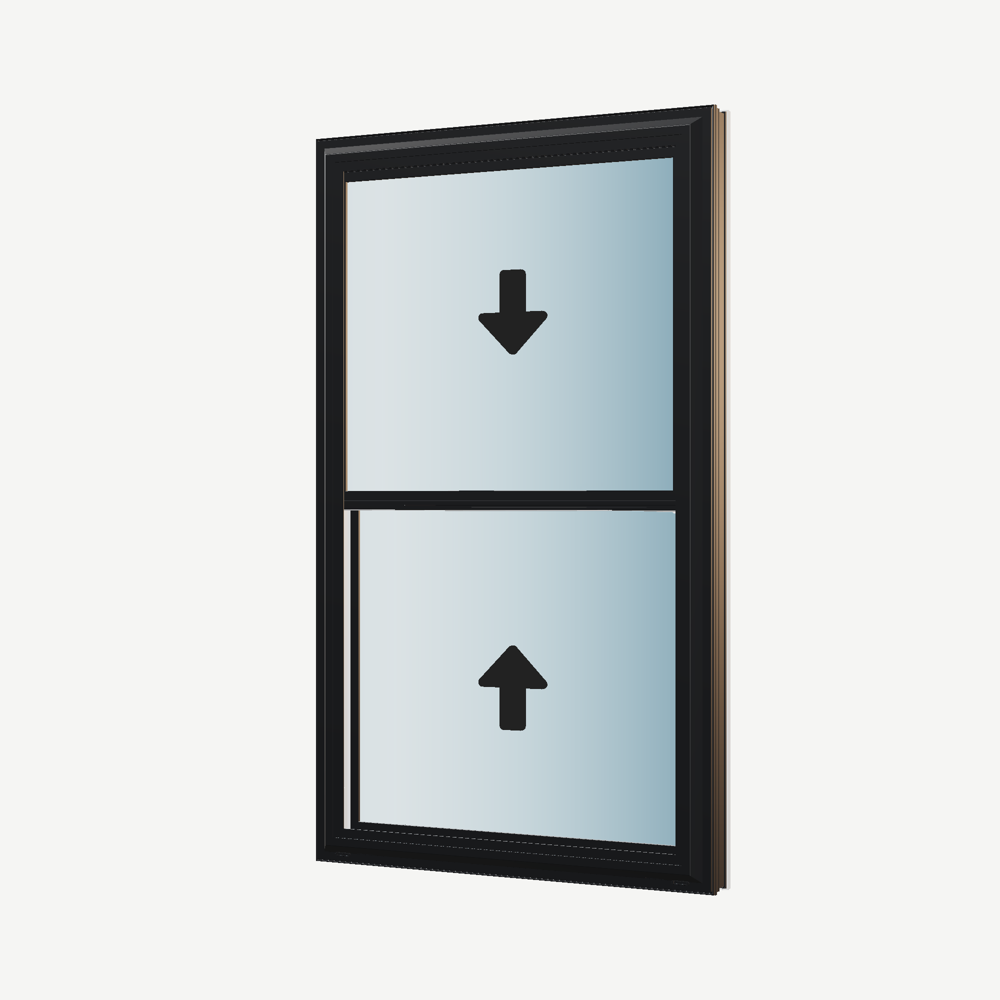 Angled exterior view with opening symbols of the 32 × 54 inch double hung, black exterior / white interior, without nailing flange