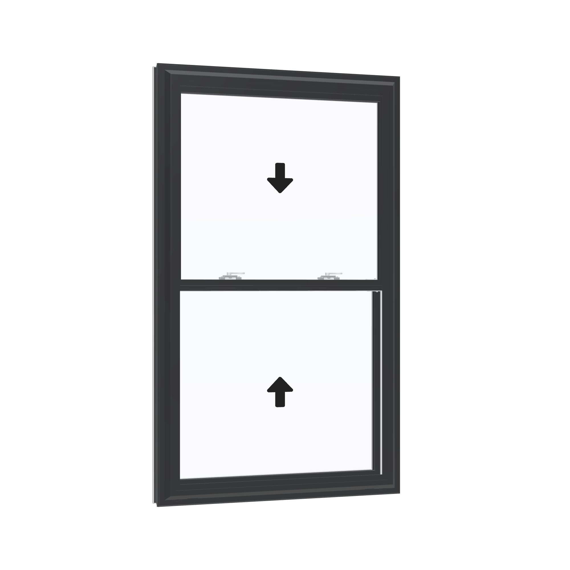 Opposite exterior angle of the 32 × 54 inch double hung, black exterior / white interior, without nailing flange