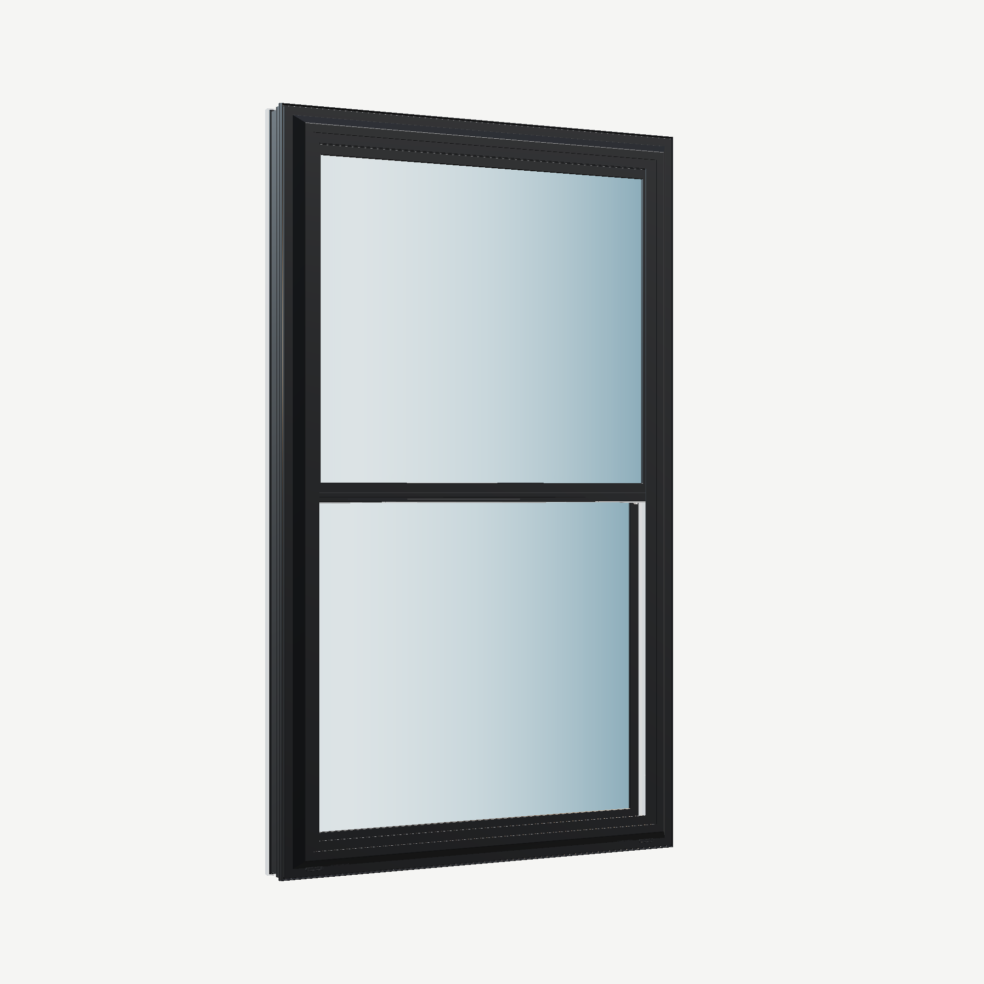 Opposite exterior angle of the 32 × 54 inch double hung, black exterior / white interior, without nailing flange
