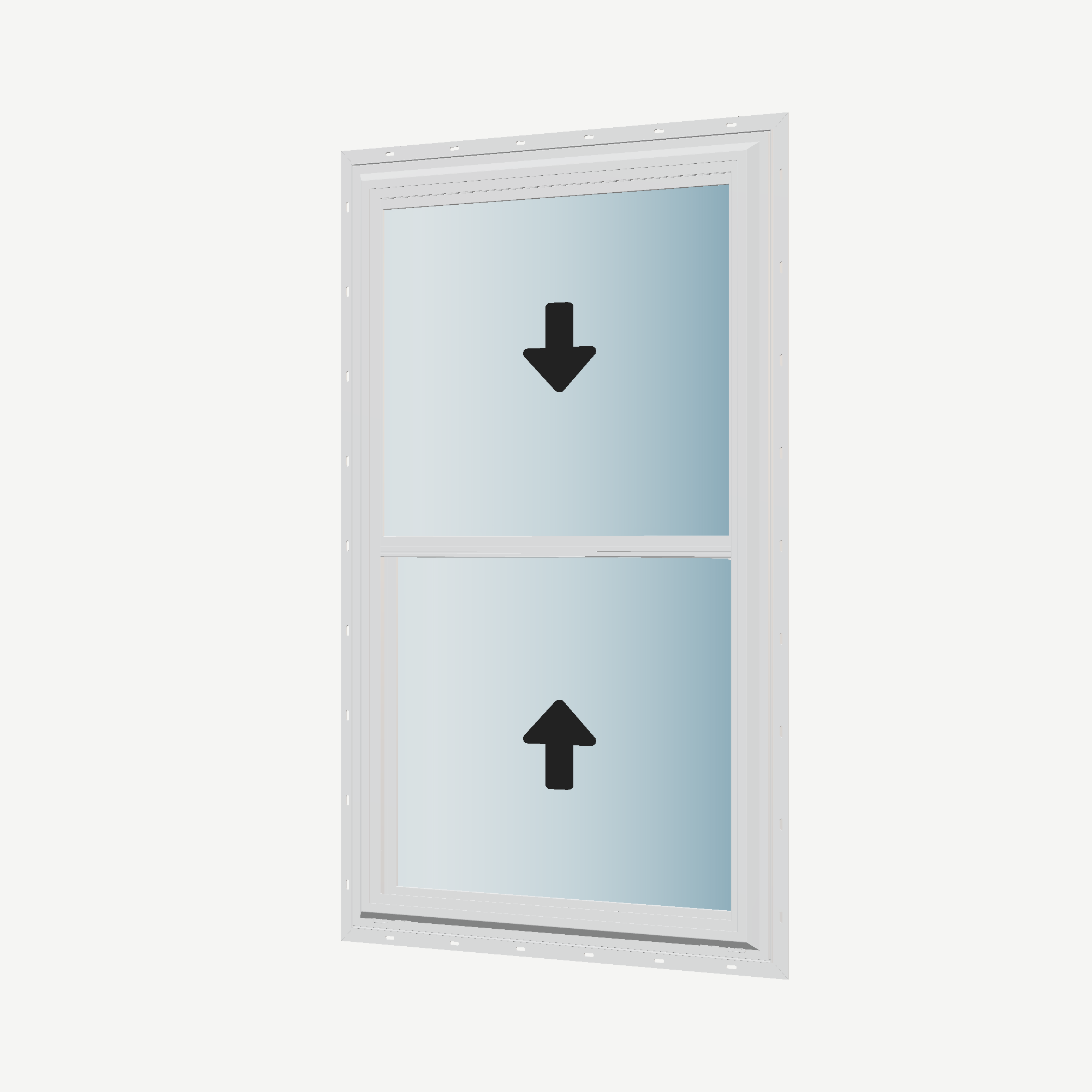 Angled exterior view with opening symbols of the 32 × 54 inch double hung, white exterior / white interior, with nailing flange