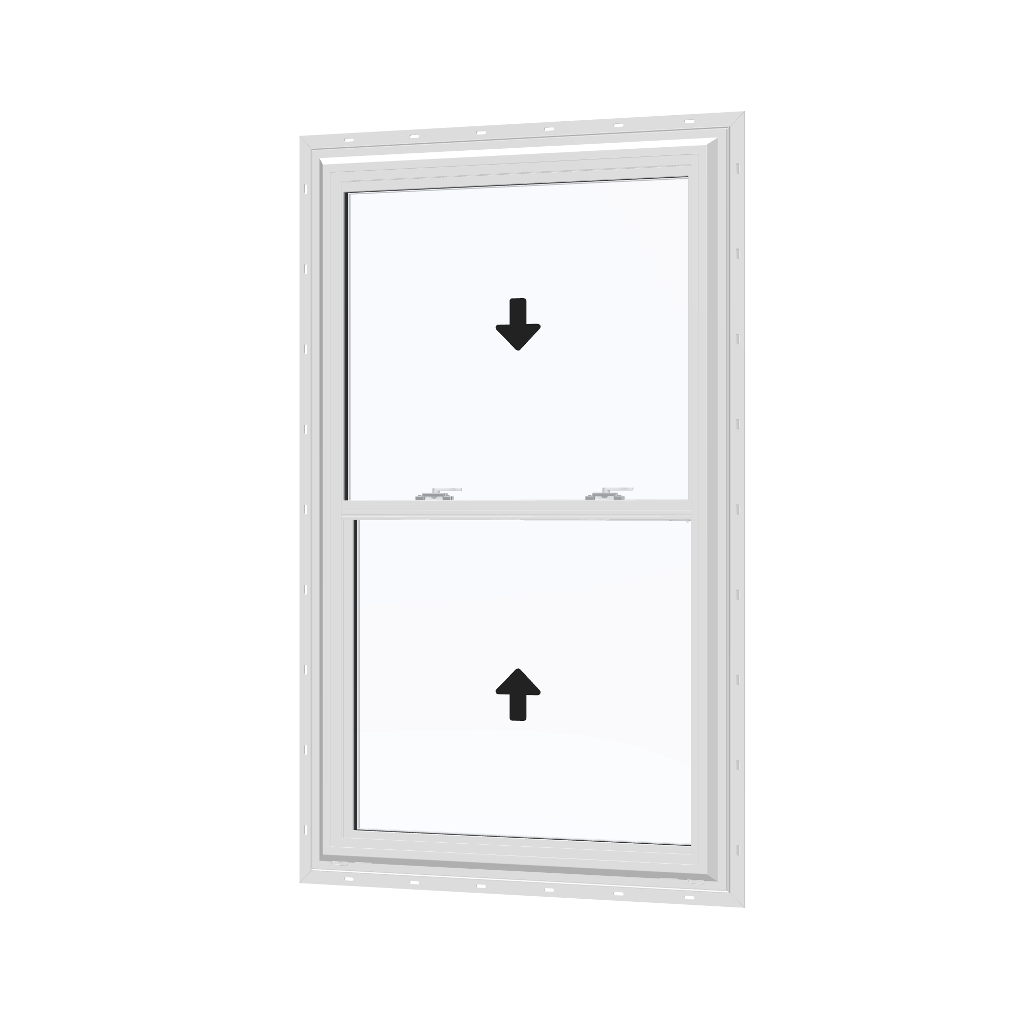 Angled exterior view with opening symbols of the 32 × 54 inch double hung, white exterior / white interior, with nailing flange
