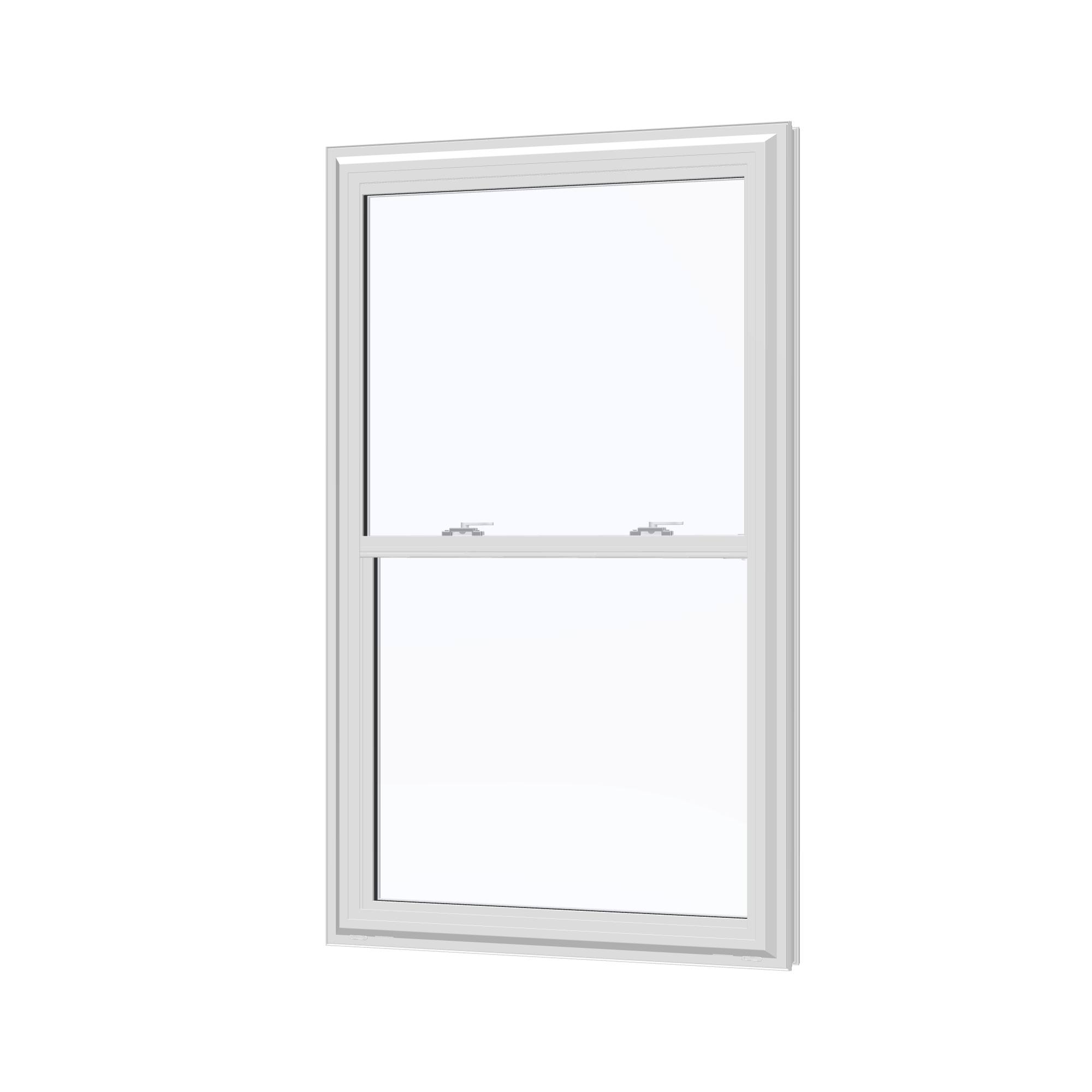 Angled exterior view of the 32 × 54 inch double hung, white exterior / white interior, without nailing flange