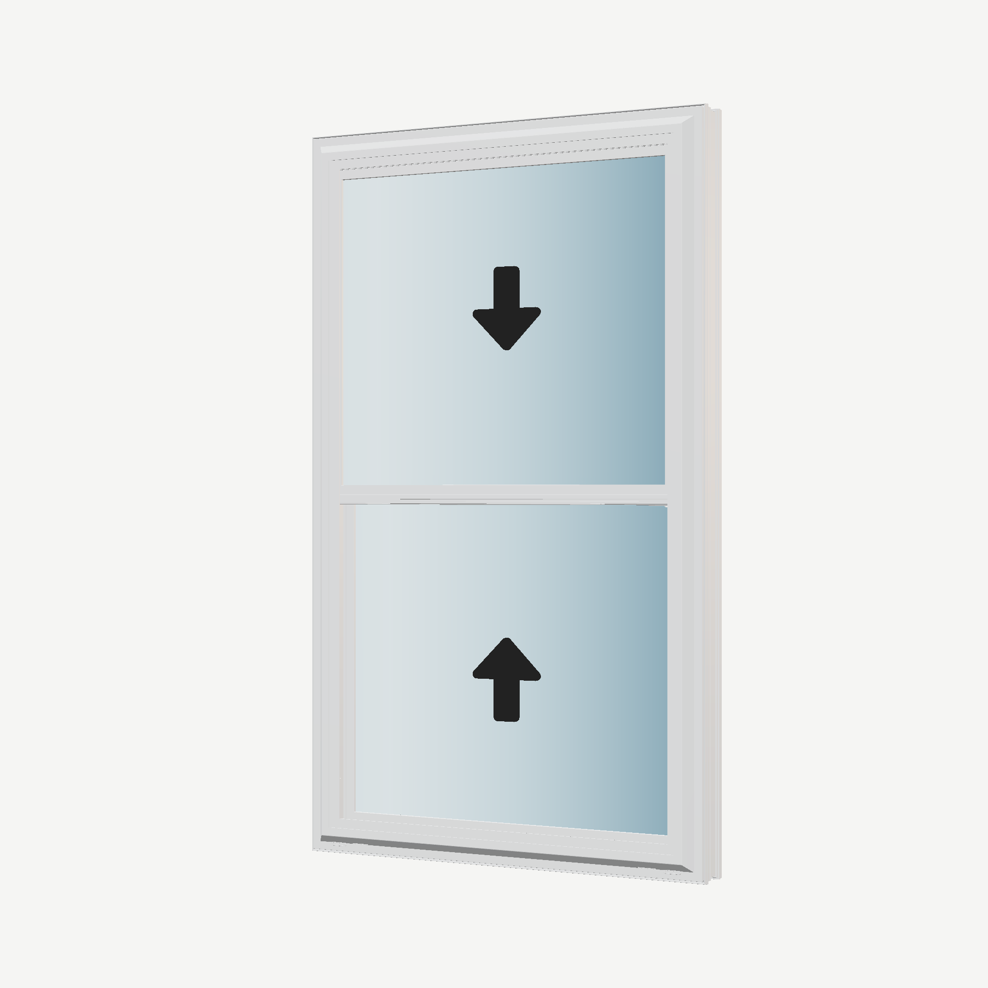 Angled exterior view with opening symbols of the 32 × 54 inch double hung, white exterior / white interior, without nailing flange
