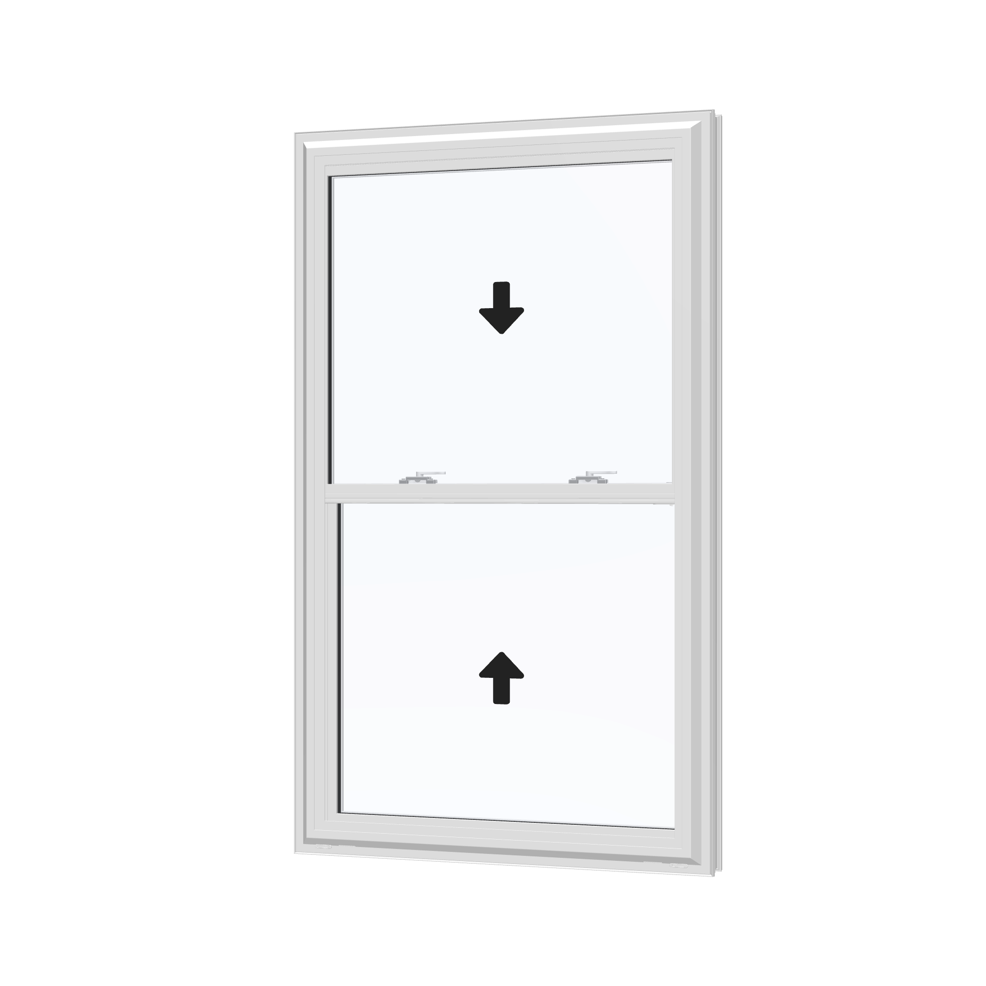 Angled exterior view with opening symbols of the 32 × 54 inch double hung, white exterior / white interior, without nailing flange