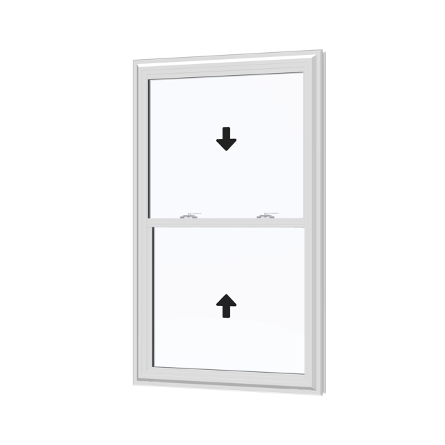 Angled exterior view with opening symbols of the 32 × 54 inch double hung, white exterior / white interior, without nailing flange