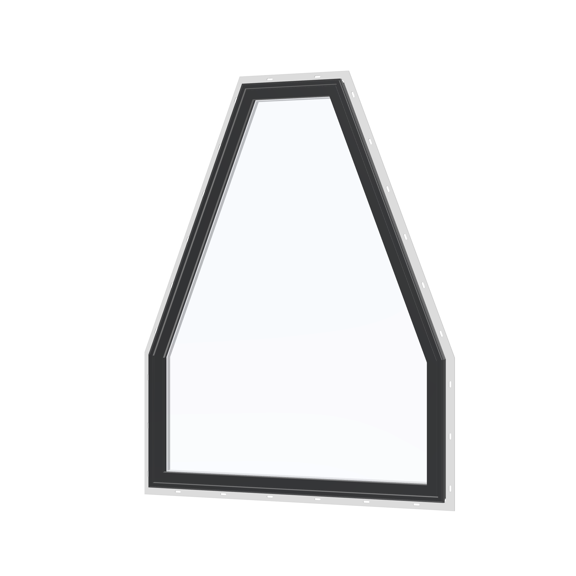 Angled exterior view of the 36 × 48 inch double polygon, black exterior / white interior, with nailing flange