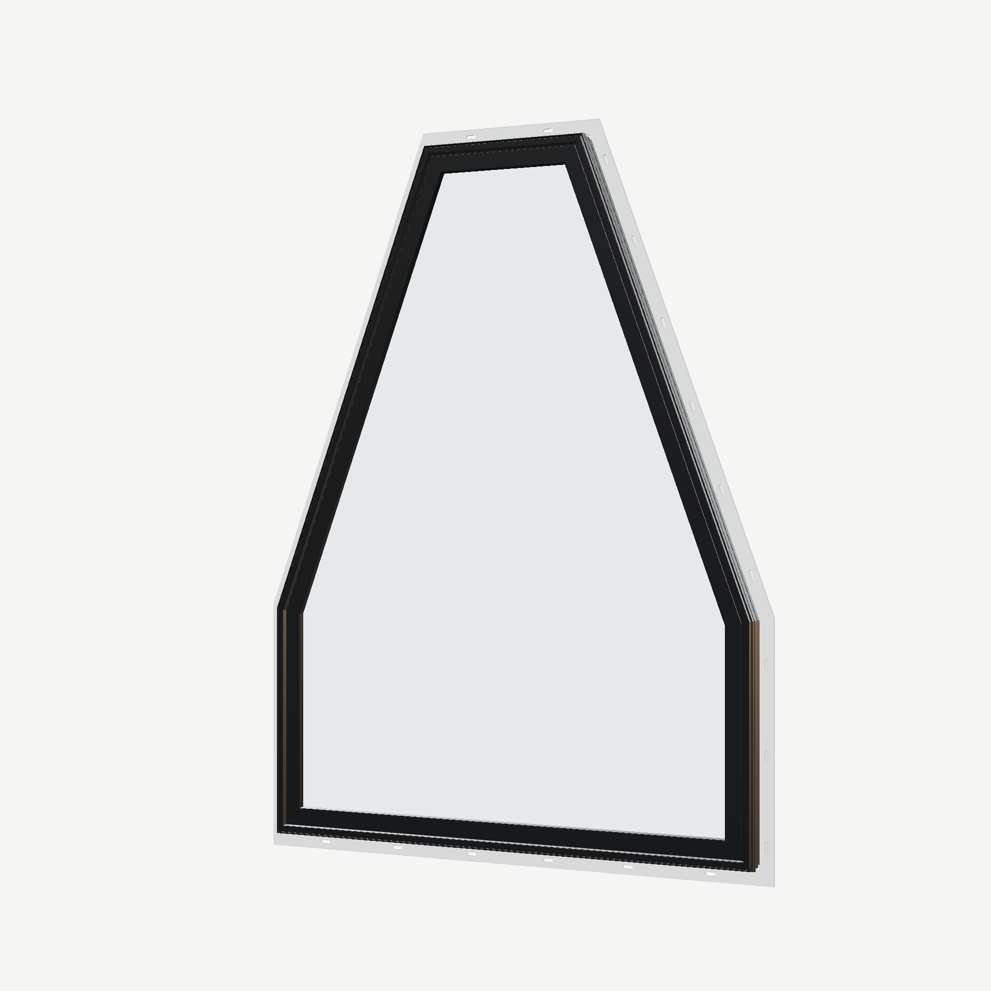 Angled exterior view of the 36 × 48 inch double polygon, black exterior / white interior, with nailing flange