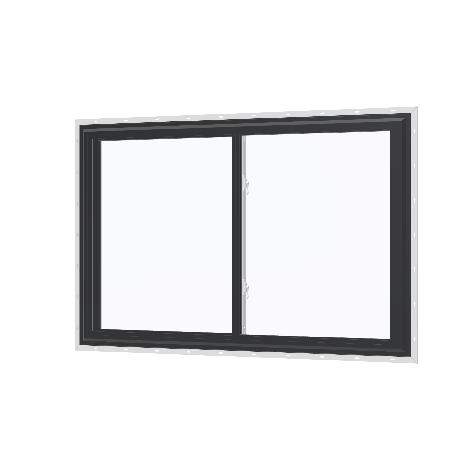 Angled exterior view of the 60 × 40 inch double slider, black exterior / white interior, with nailing flange
