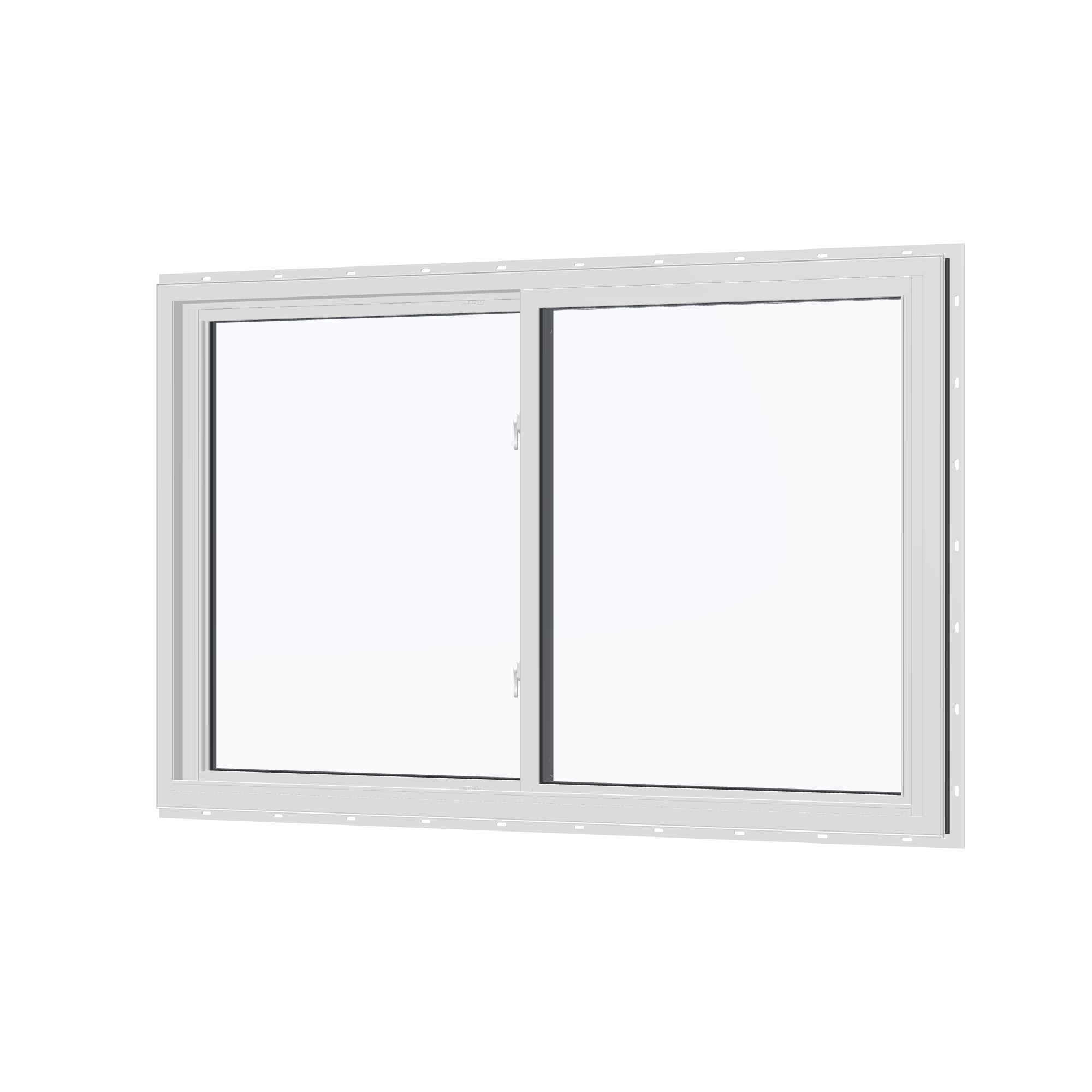 Angled interior view of the 60 × 40 inch double slider, black exterior / white interior, with nailing flange