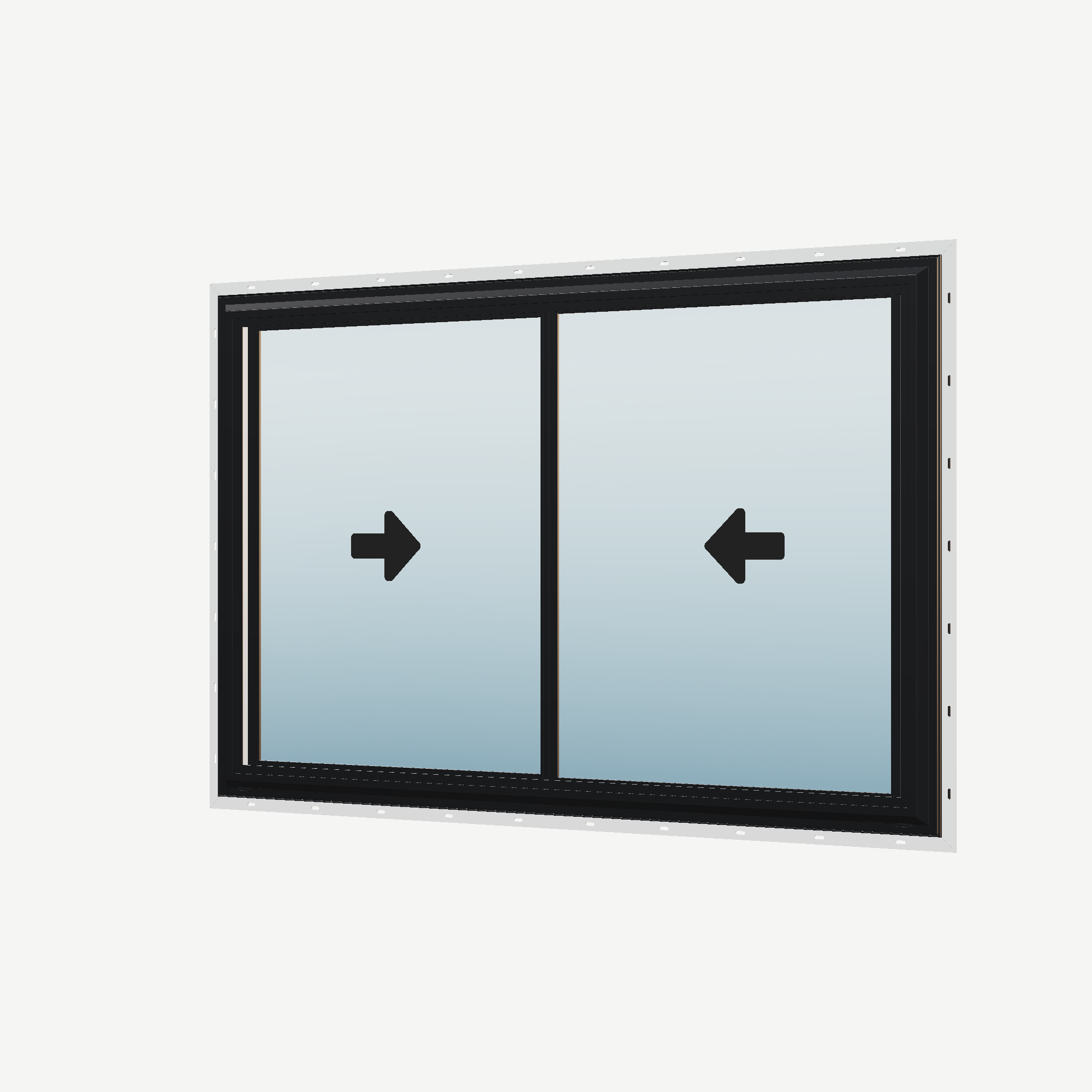 Angled exterior view with opening symbols of the 60 × 40 inch double slider, black exterior / white interior, with nailing flange