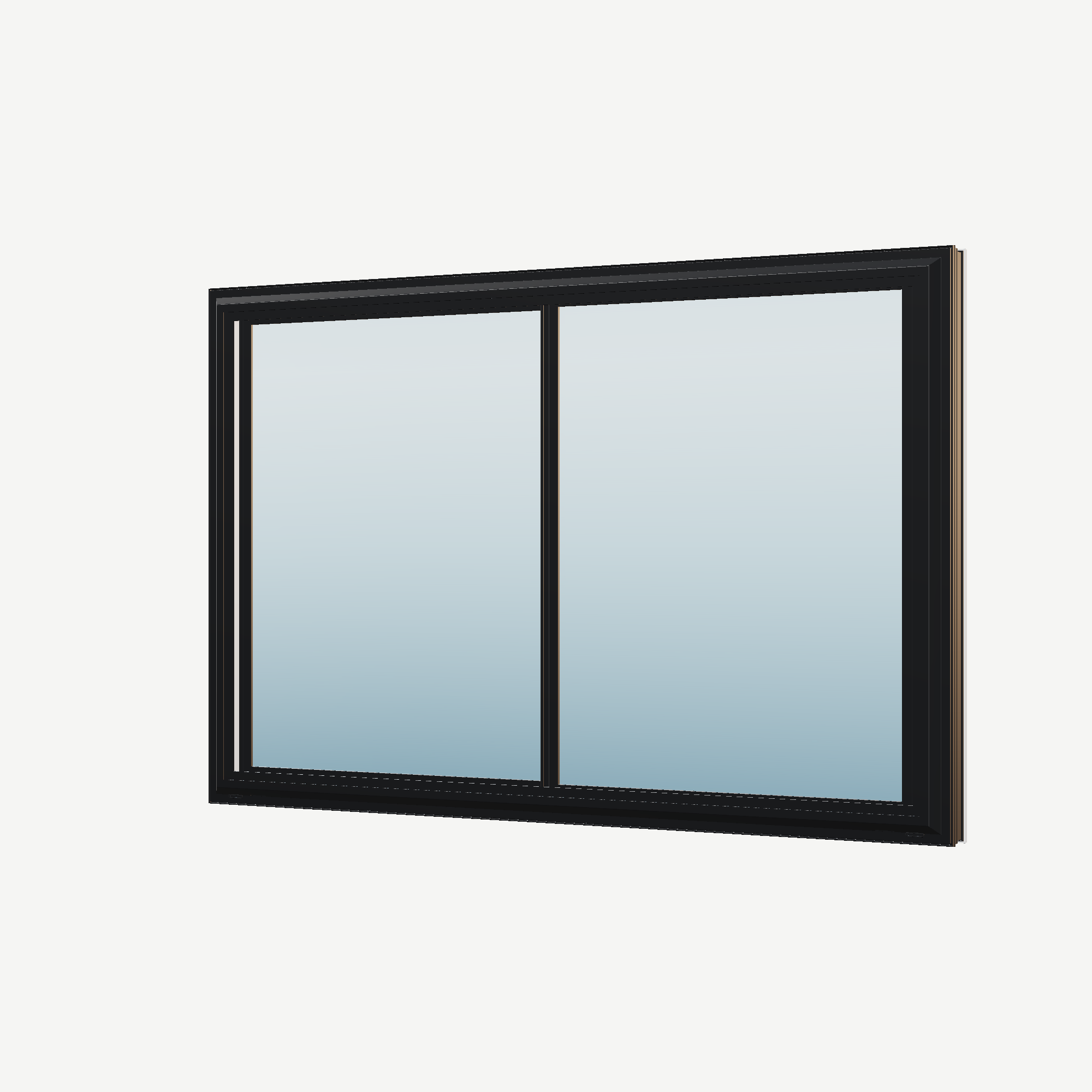 Angled exterior view of the 60 × 40 inch double slider, black exterior / white interior, without nailing flange