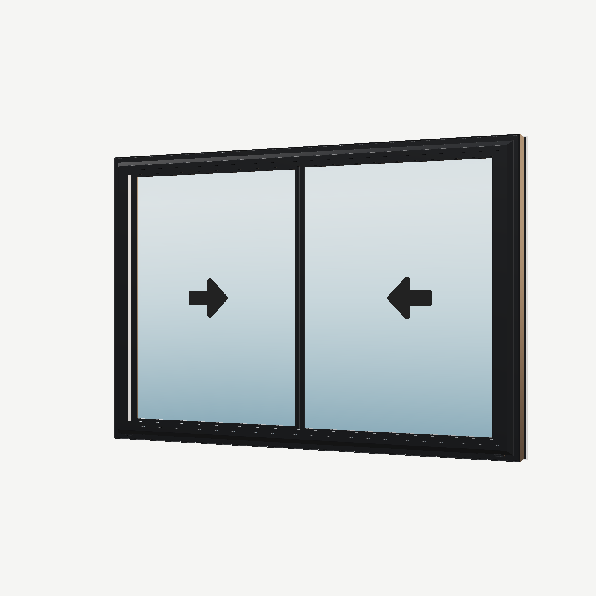 Angled exterior view with opening symbols of the 60 × 40 inch double slider, black exterior / white interior, without nailing flange