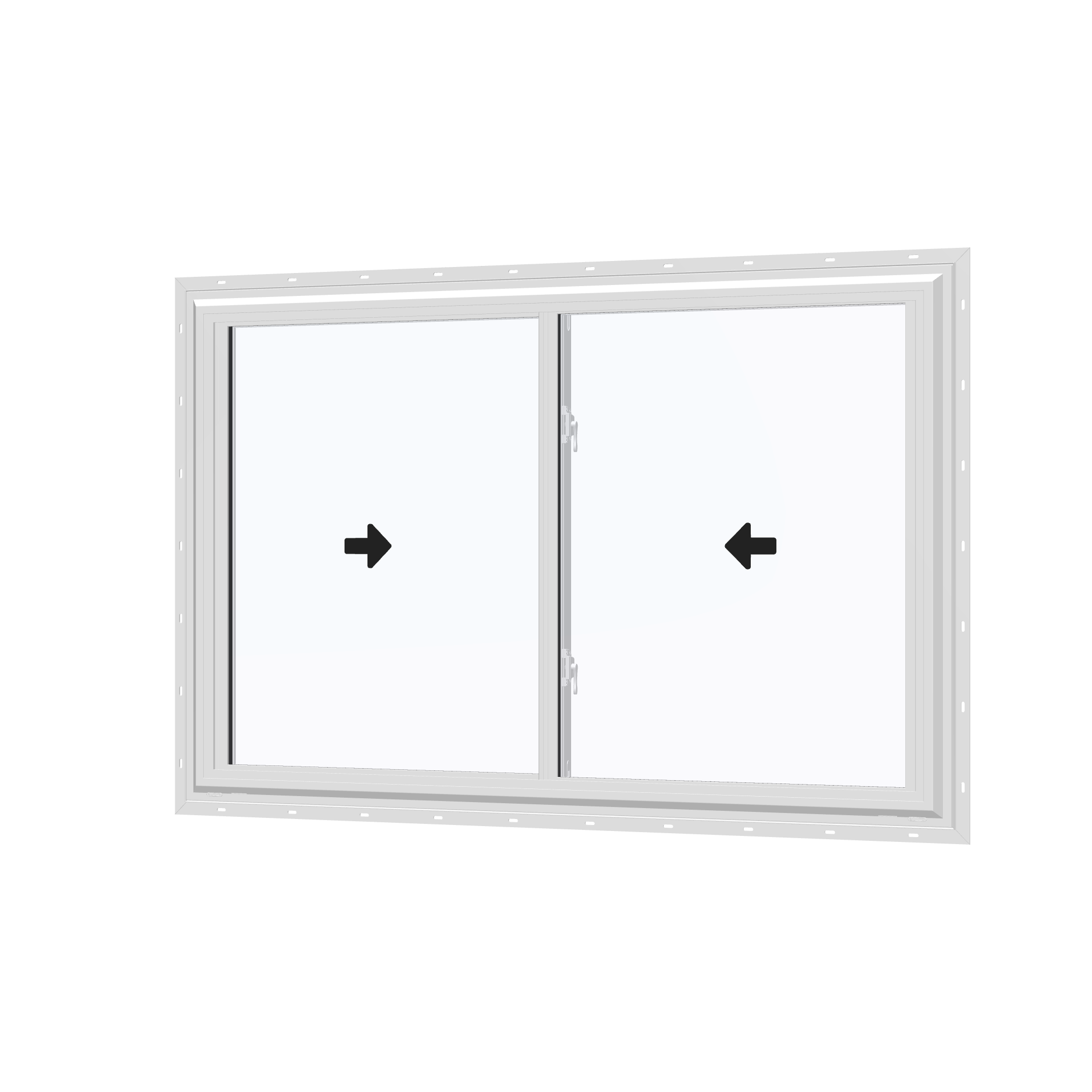Angled exterior view with opening symbols of the 60 × 40 inch double slider, white exterior / white interior, with nailing flange