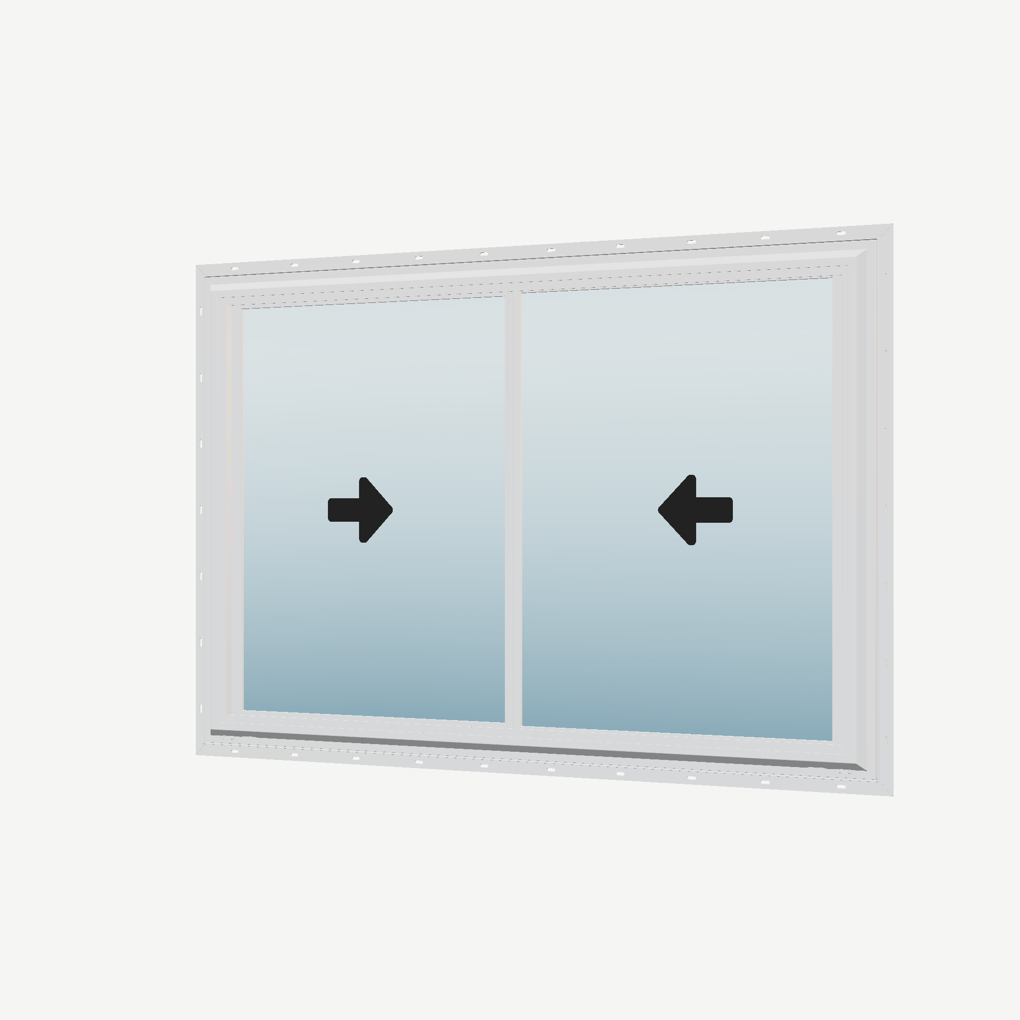 Angled exterior view with opening symbols of the 60 × 40 inch double slider, white exterior / white interior, with nailing flange