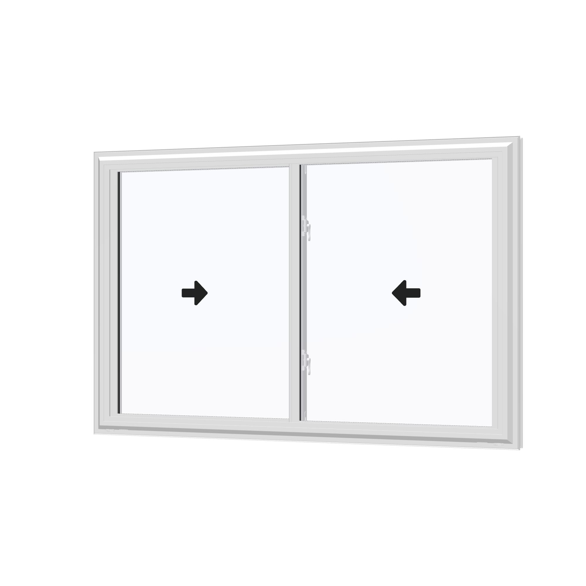 Angled exterior view with opening symbols of the 60 × 40 inch double slider, white exterior / white interior, without nailing flange