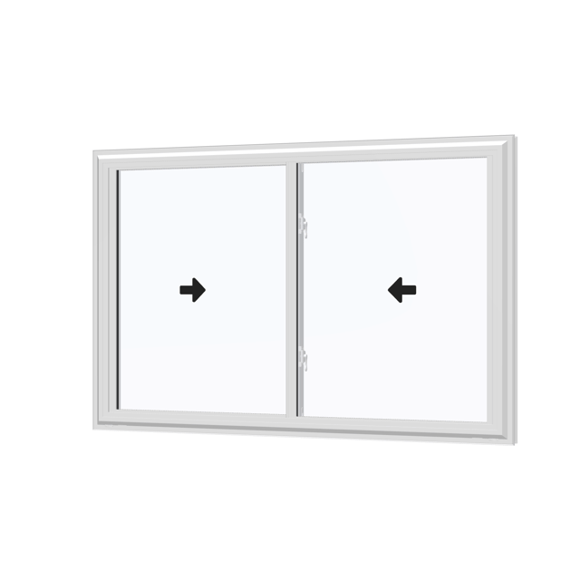 Angled exterior view with opening symbols of the 60 × 40 inch double slider, white exterior / white interior, without nailing flange