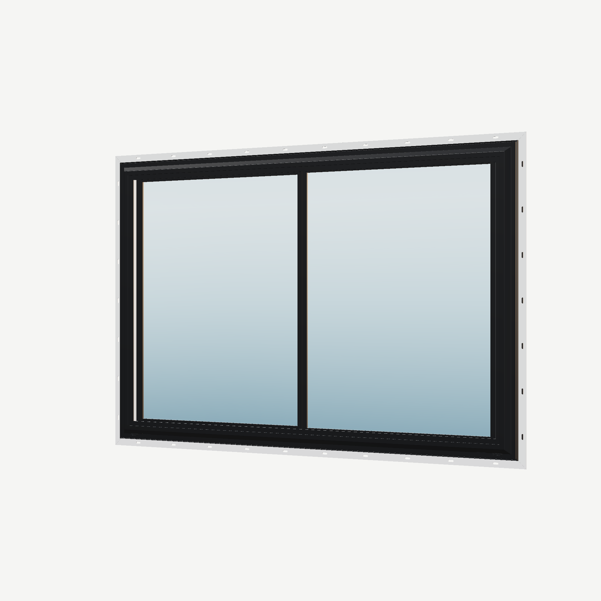Angled exterior view of the 60 × 40 inch double slider with tilt, black exterior / white interior, with nailing flange