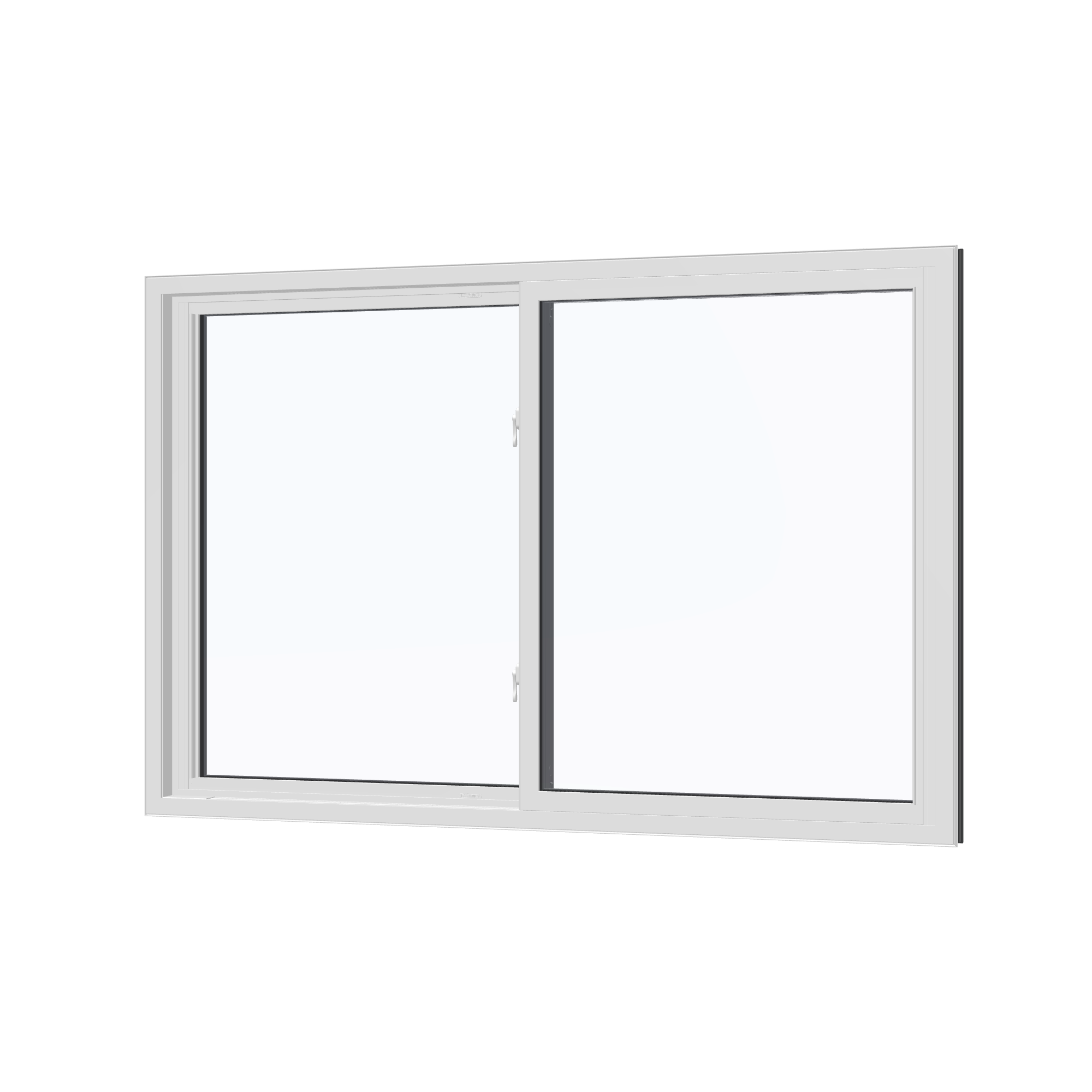 Angled interior view of the 60 × 40 inch double slider with tilt, black exterior / white interior, without nailing flange