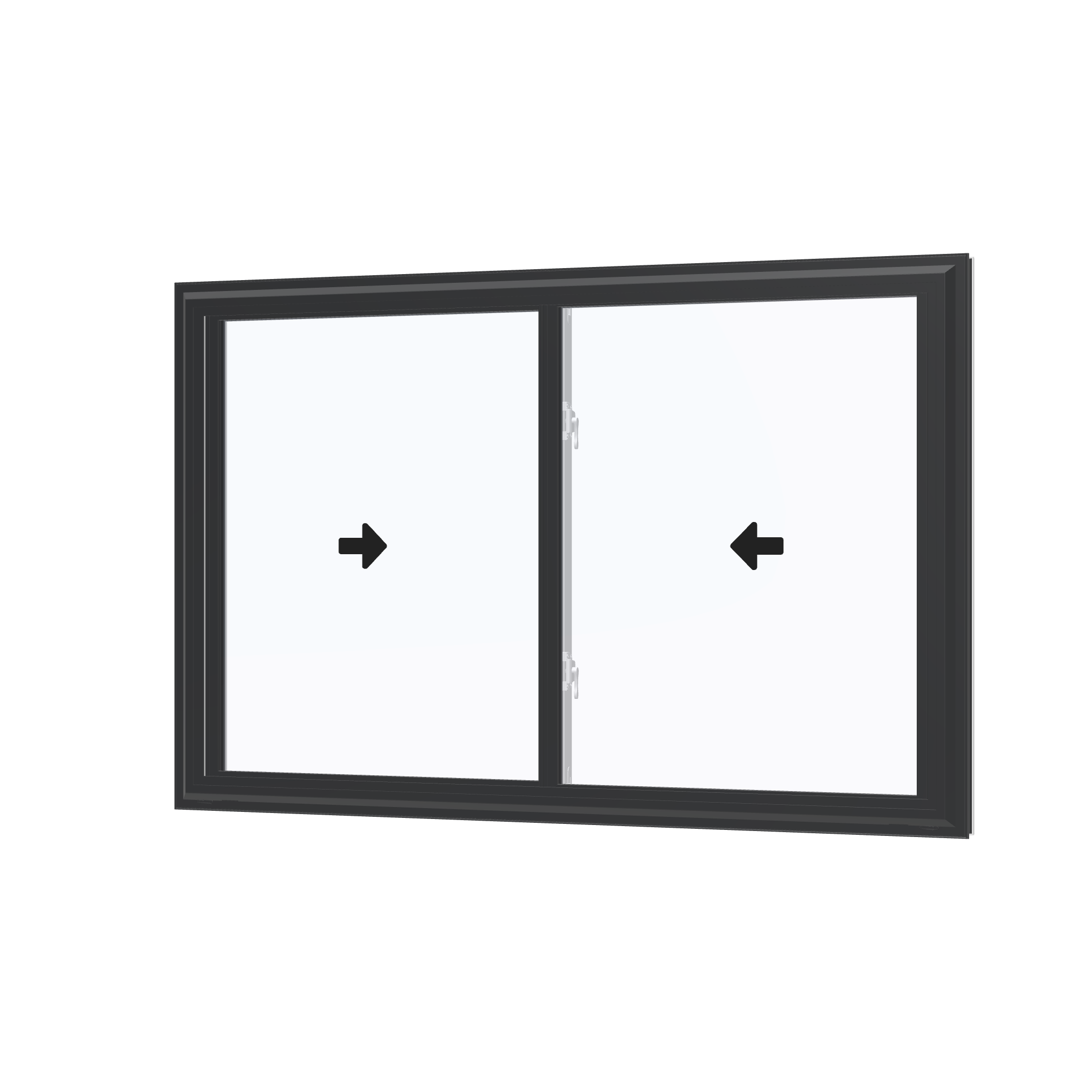 Angled exterior view with opening symbols of the 60 × 40 inch double slider with tilt, black exterior / white interior, without nailing flange