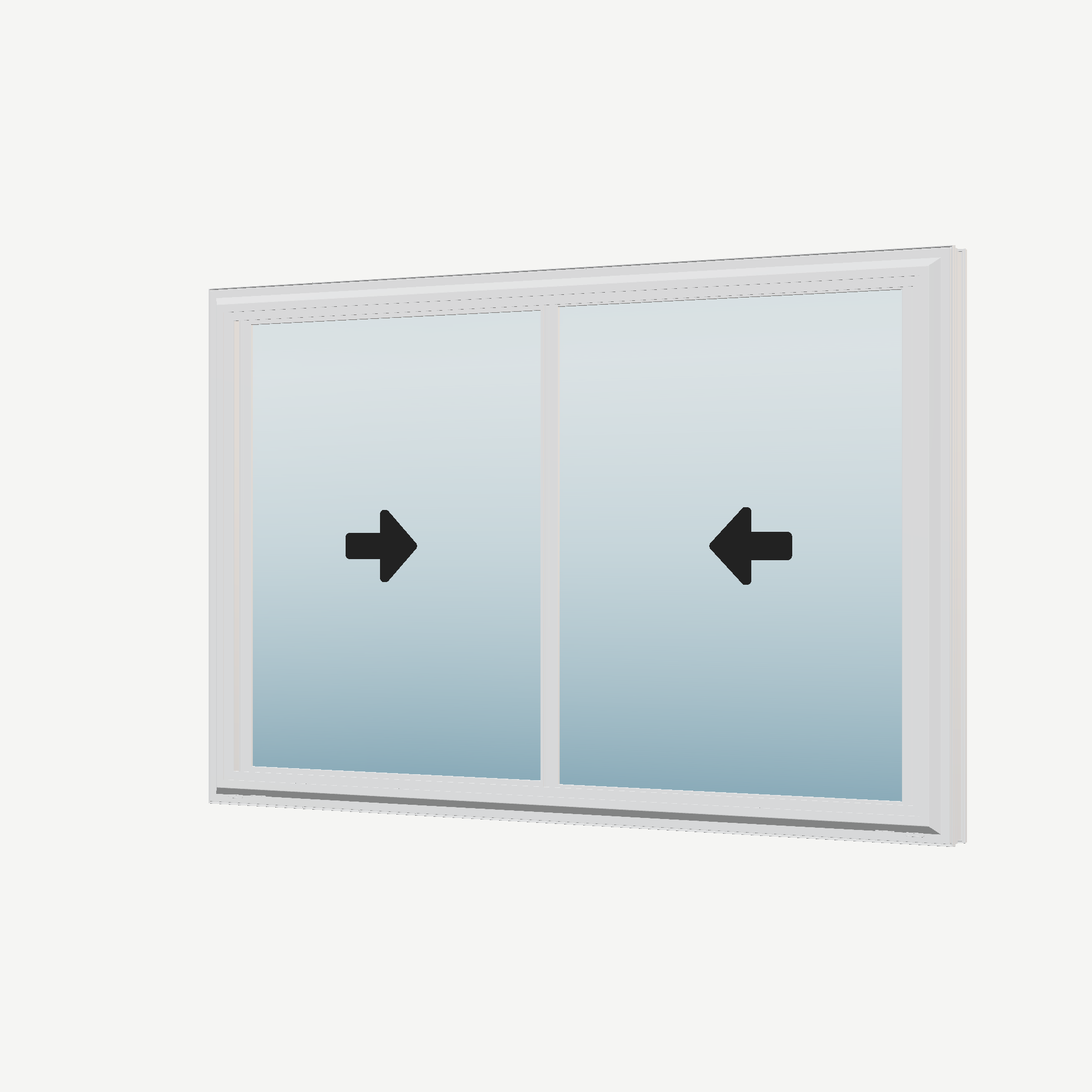 Angled exterior view with opening symbols of the 60 × 40 inch double slider with tilt, white exterior / white interior, without nailing flange