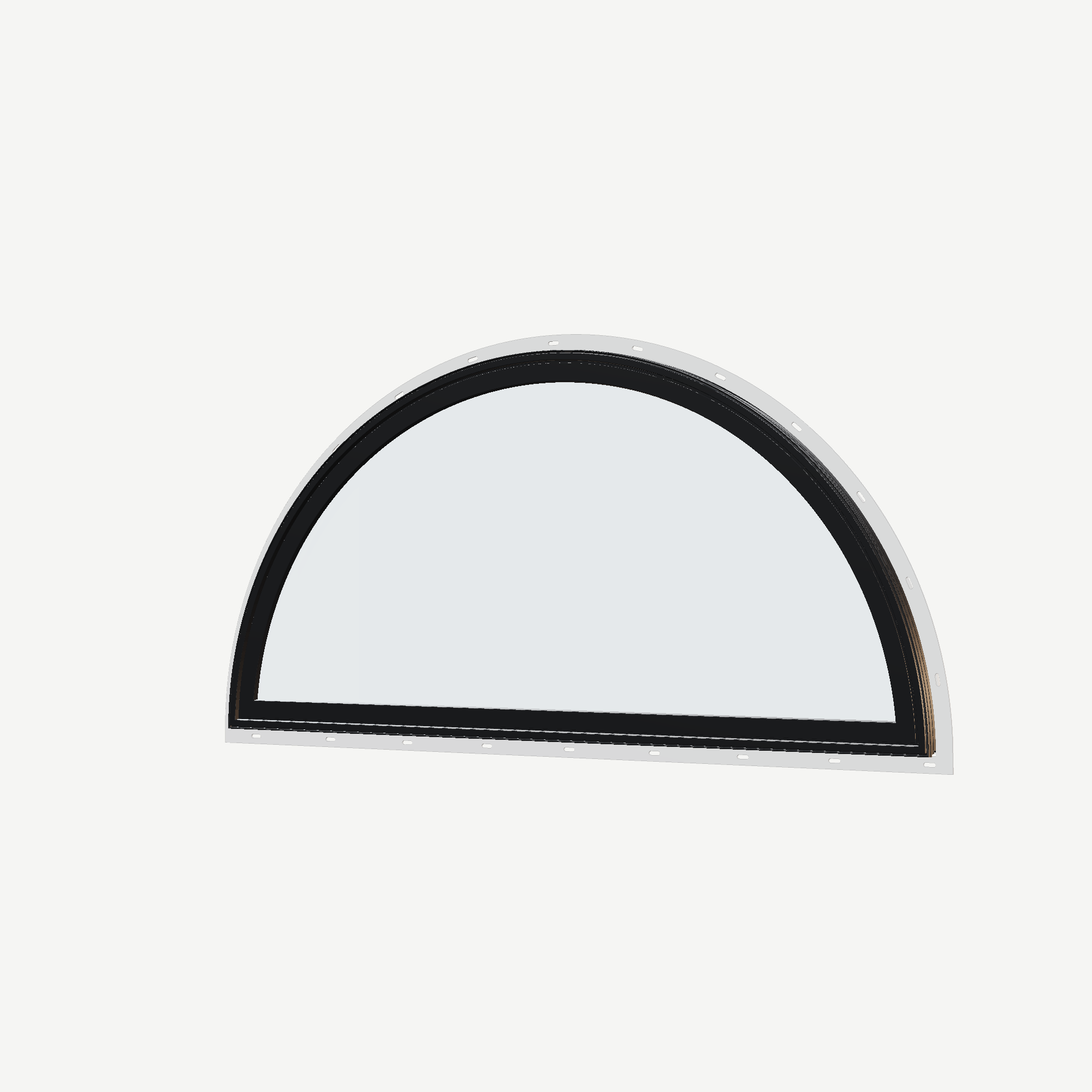 Angled exterior view of the 48 × 24 inch ellipse, black exterior / white interior, with nailing flange